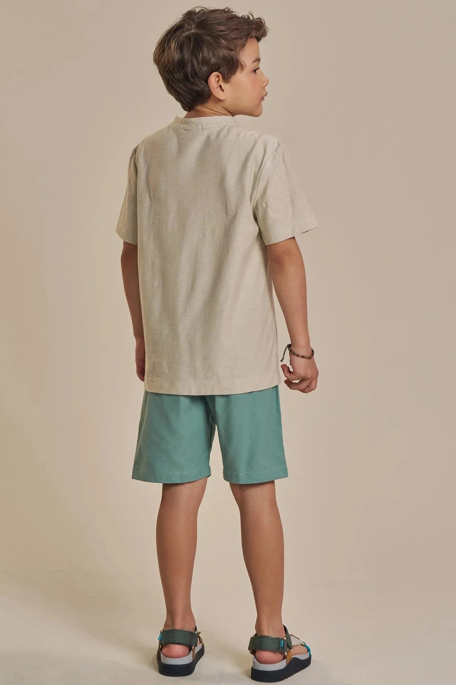 Conjunto de Bata em Malha Flamê e Bermuda em Linho Santorine com Elastano 92404 LucBoo Infantil Menino