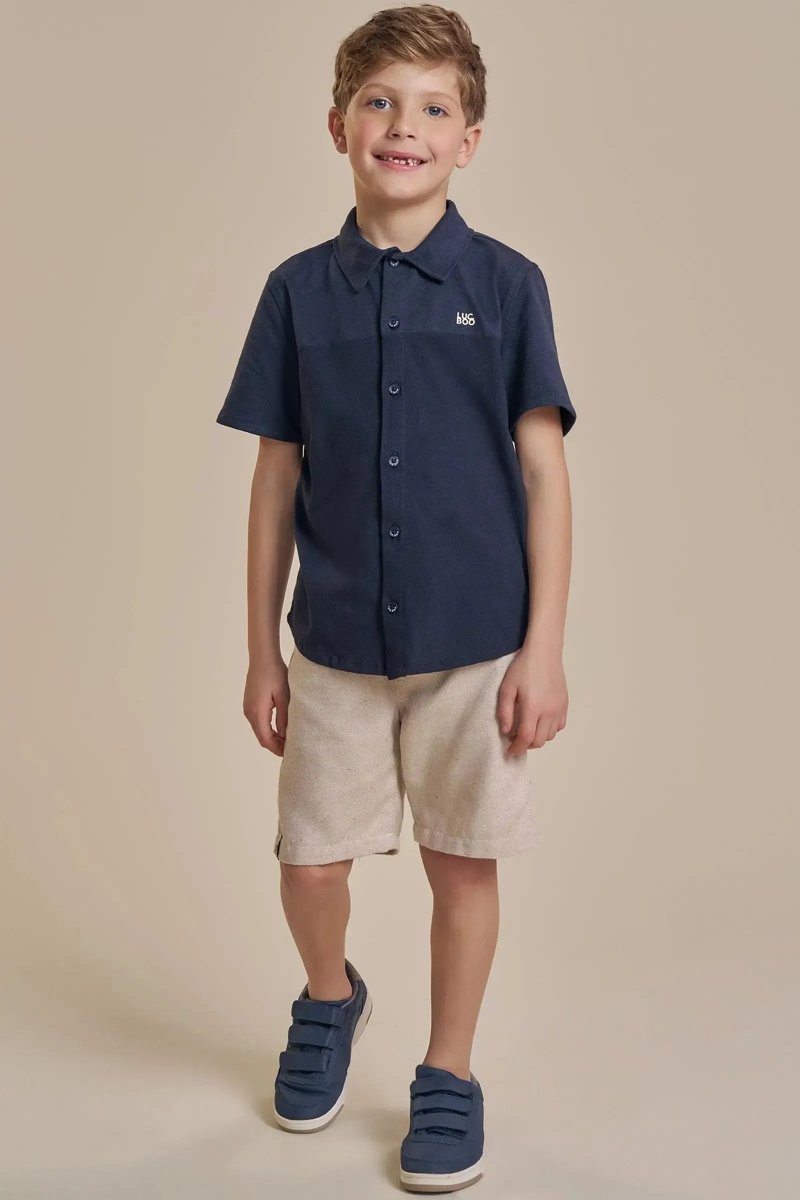 Conjunto de Camisa em Piquet com Elastano e Meia Malha e Bermuda em Tecido Sarjado 92425 LucBoo Infantil Menino