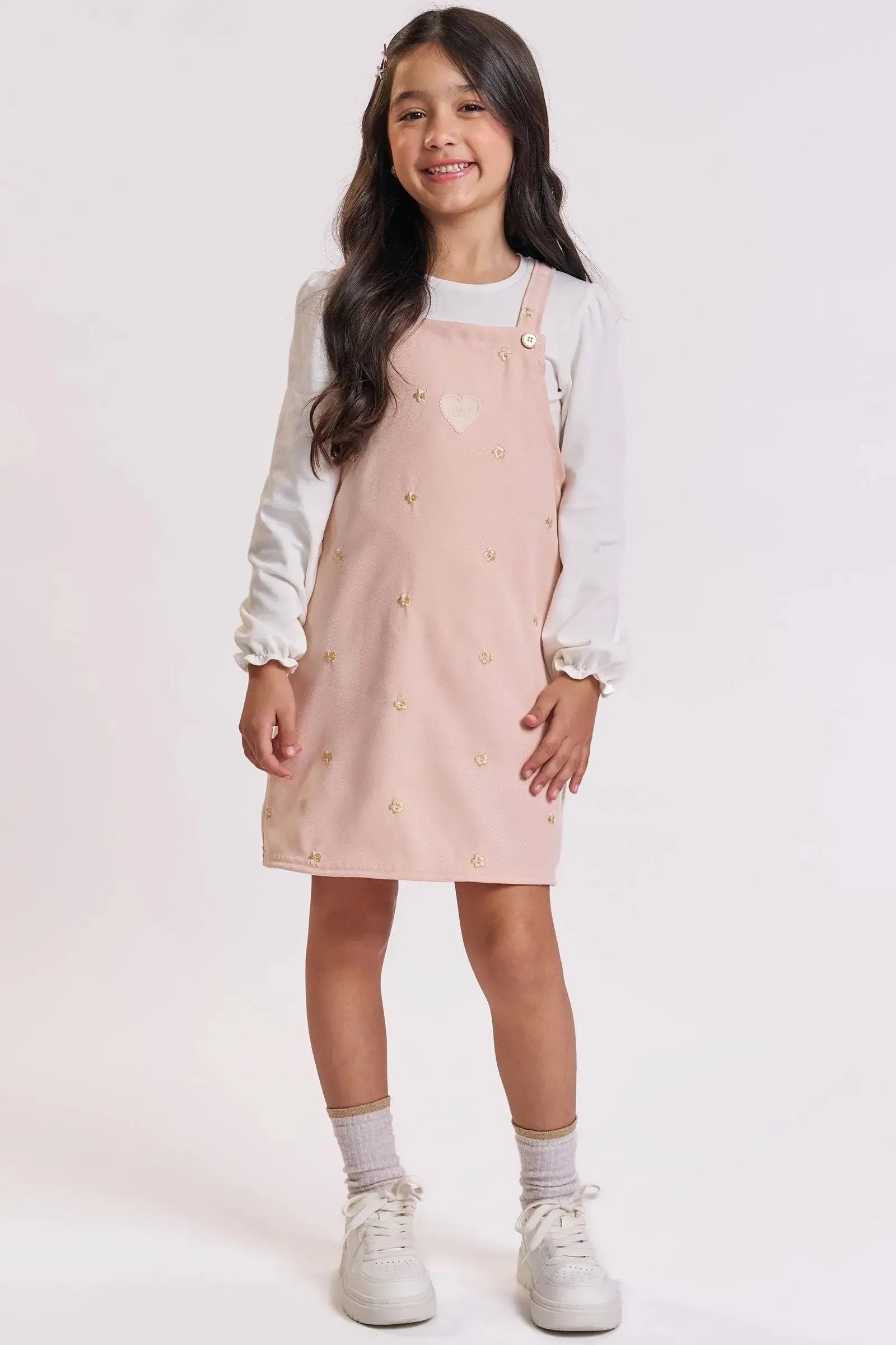 Conjunto de Blusa em Cotton e Salopete em Tecido Twill Bordado 92443 Kukiê Infantil Menina