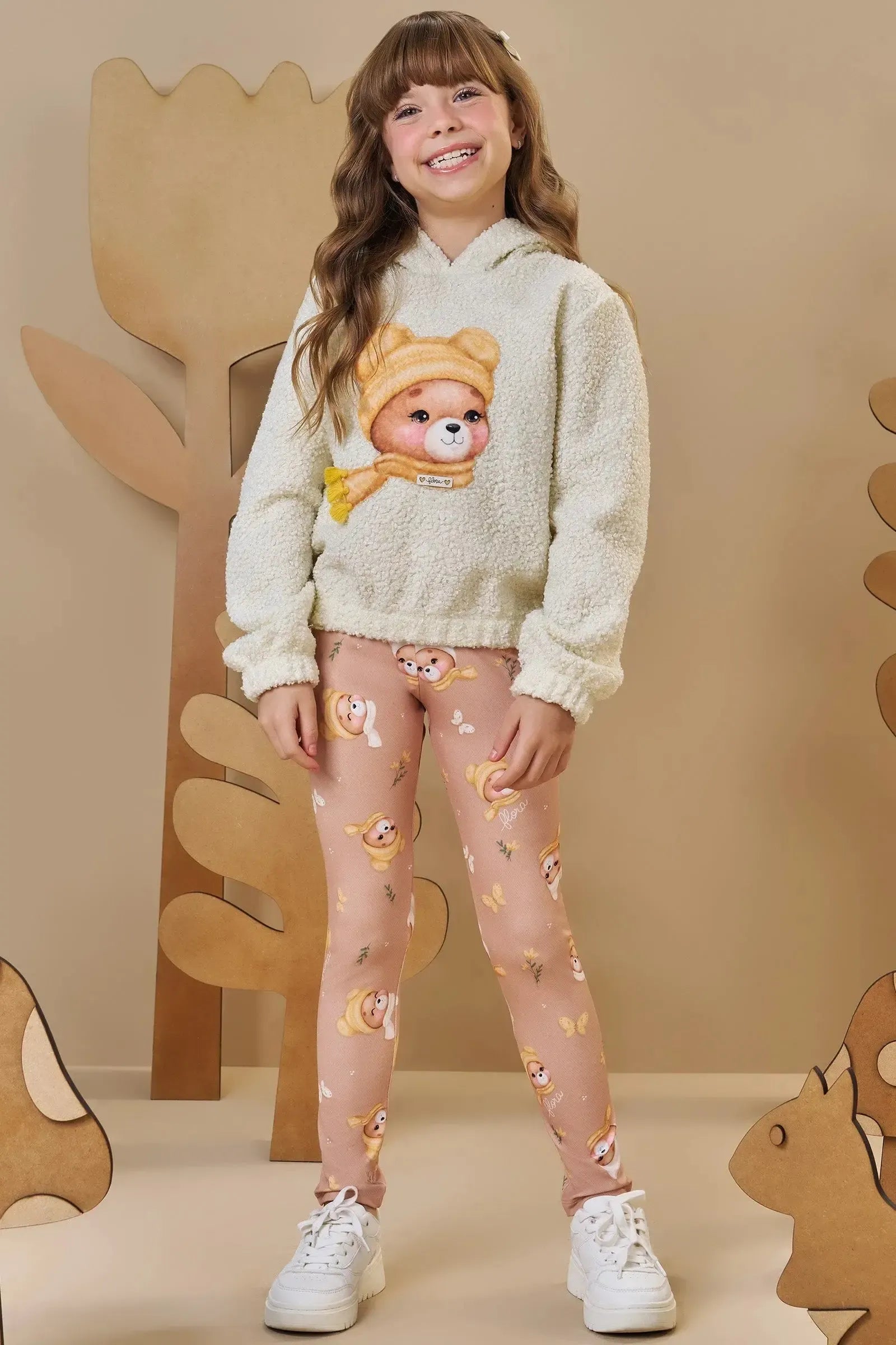 Conjunto de Blusão em Pelo Teddy e Calça Legging em Termoskin Peluciado 92472 Infanti Infantil Menina