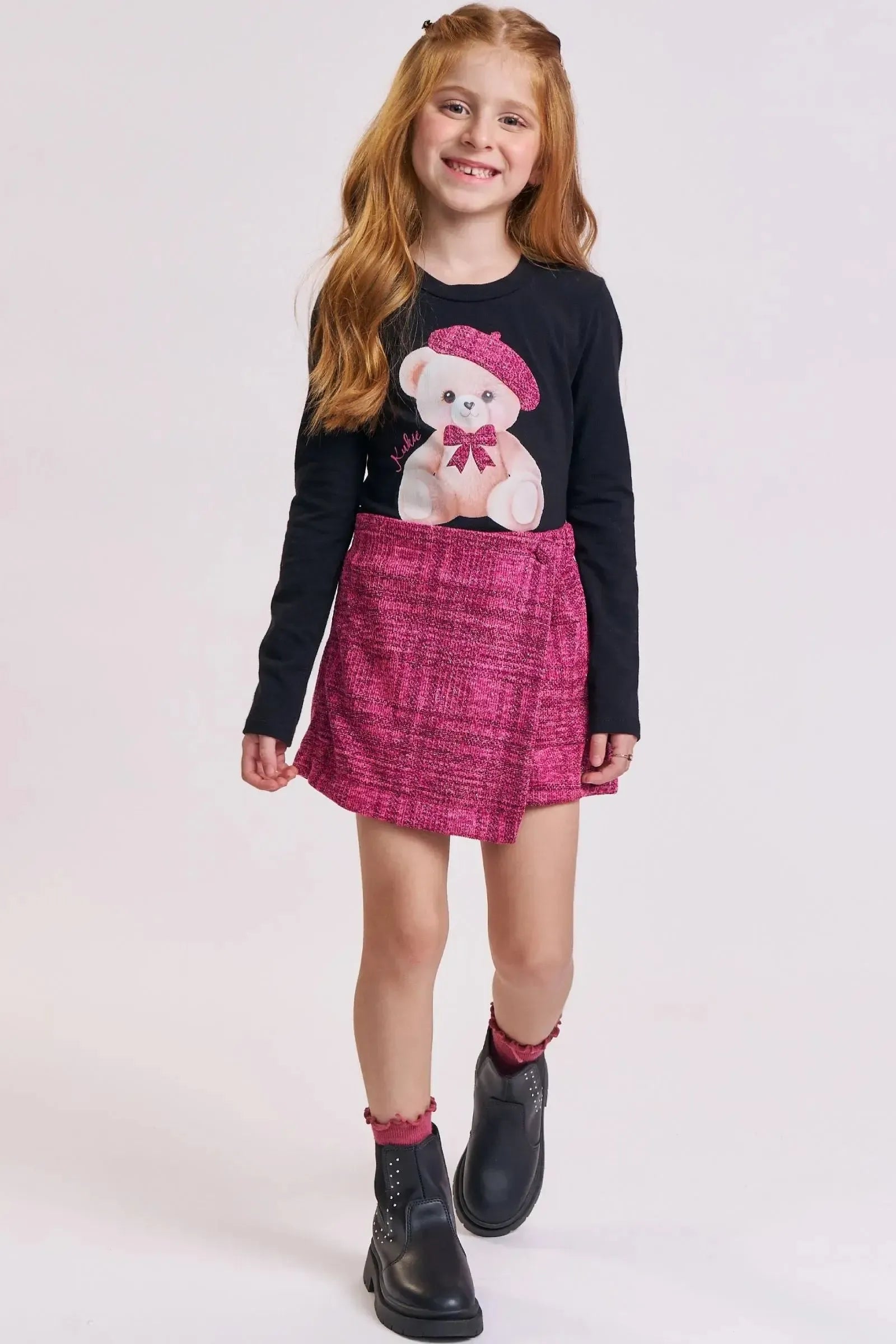 Conjunto de Blusa em Cotton e Short Saia em Malha Tweed Brilho 92501 Kukiê Infantil Menina