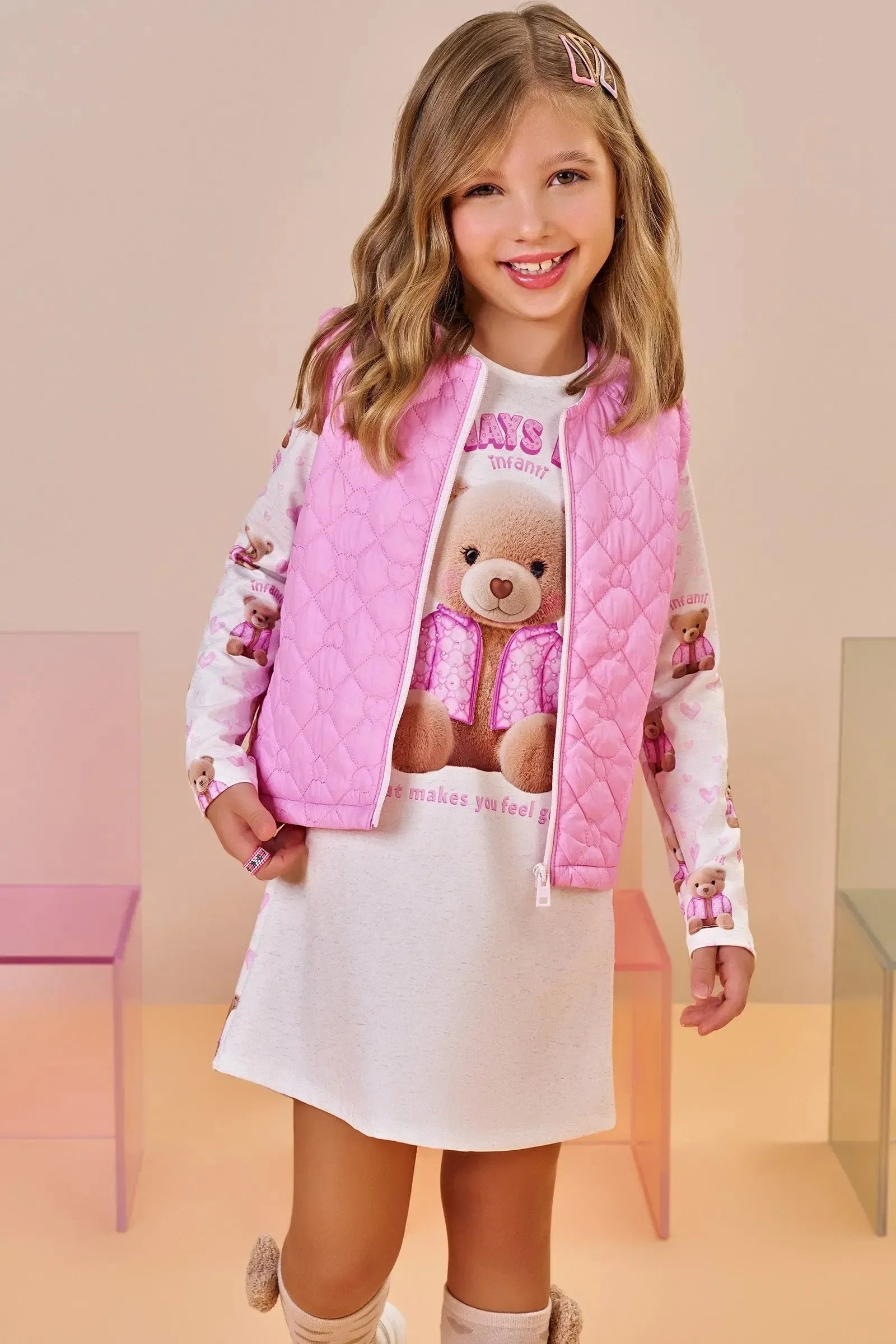 Conjunto de Vestido em Termoskin Peluciado e Colete em Matelassê de Coração 92603 Infanti Infantil Menina