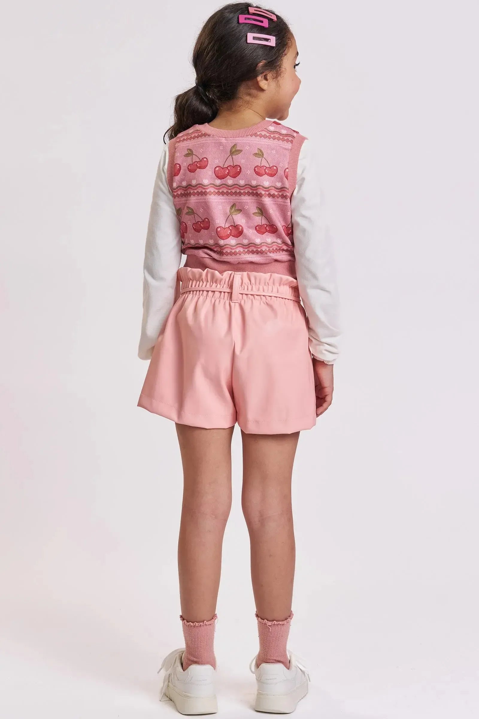 Trio de Blusa em Cotton Shorts em Couro Eco e Colete em Molecotton 92644 Kukiê Infantil Menina