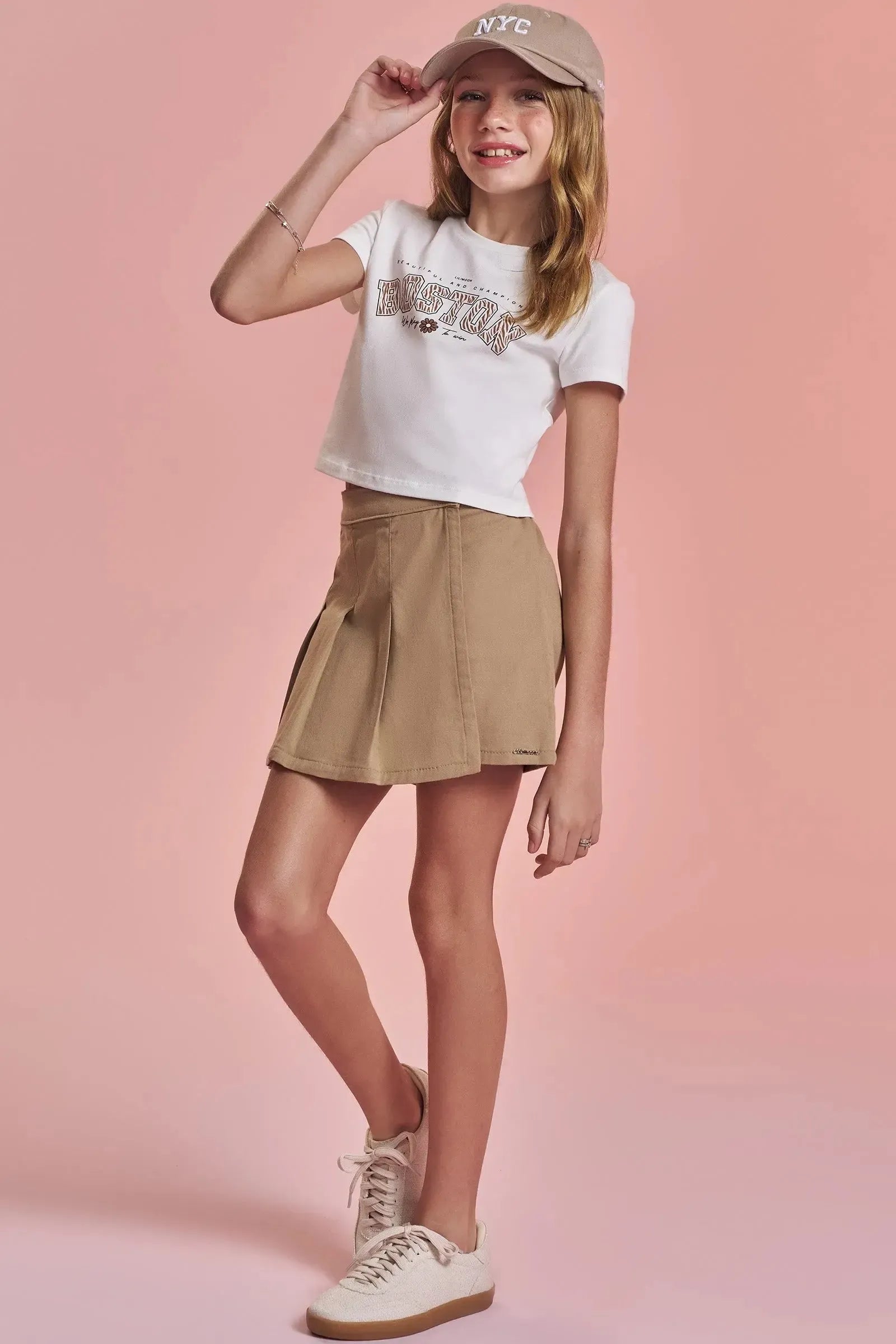 Conjunto de Blusa Baby Look Cropped em Cotton e Short Saia em Sarja com Elastano 92746 Lilimoon Teen Menina