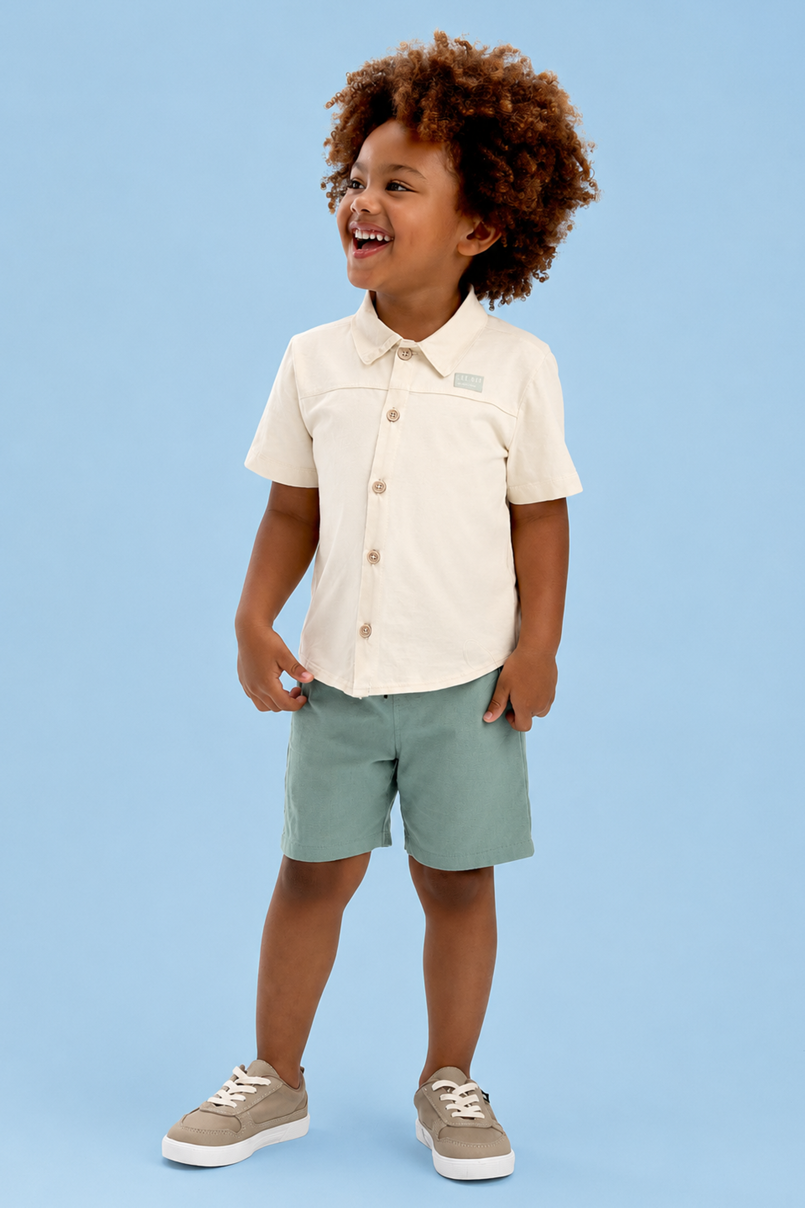 Conjunto de Camisa em Meia Malha e Bermuda em Linho Santorine com Elastano 92863 LucBoo Bebê Menino