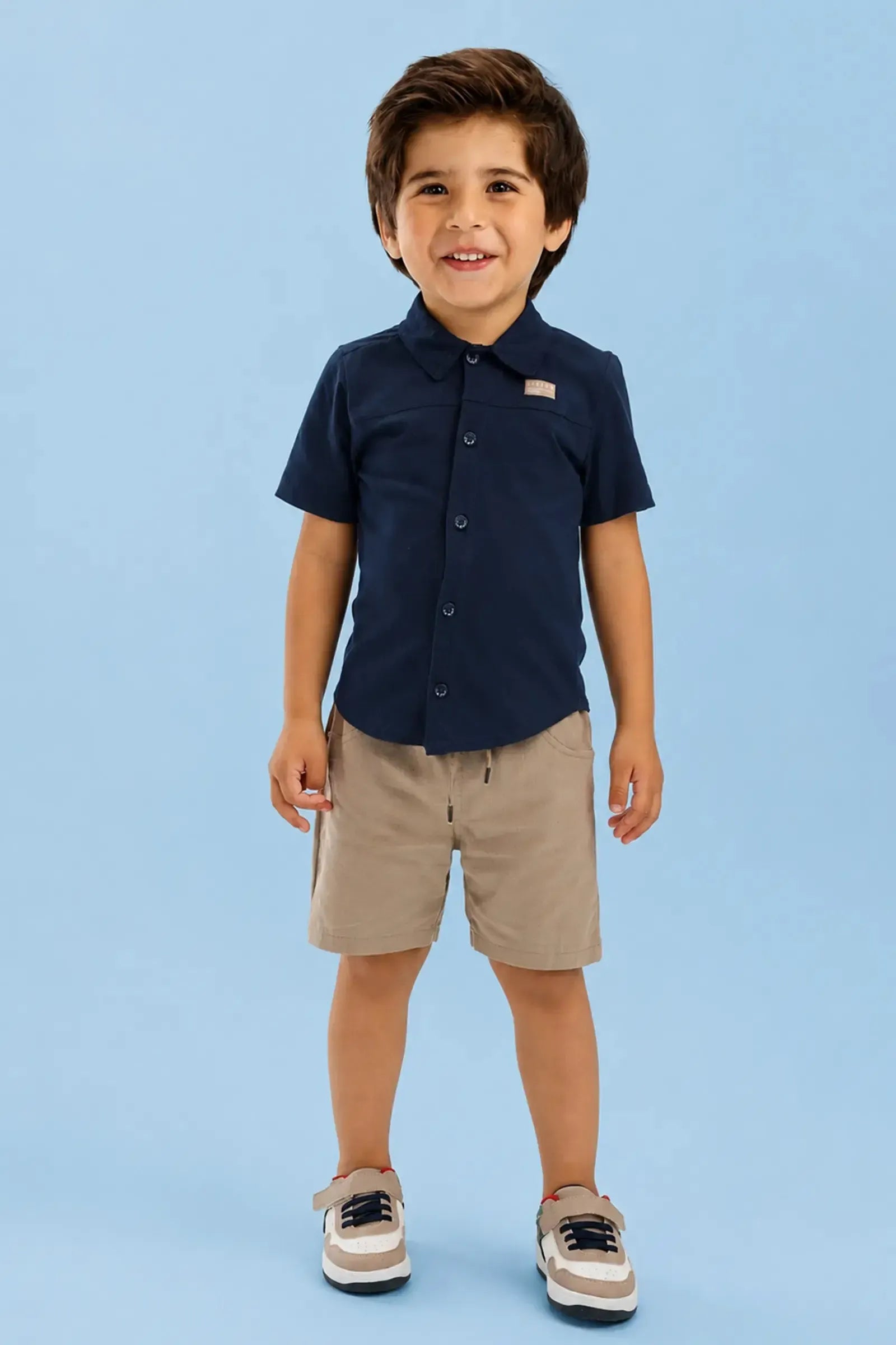 Conjunto de Camisa em Meia Malha e Bermuda em Linho Santorine com Elastano 92866 LucBoo Bebê Menino