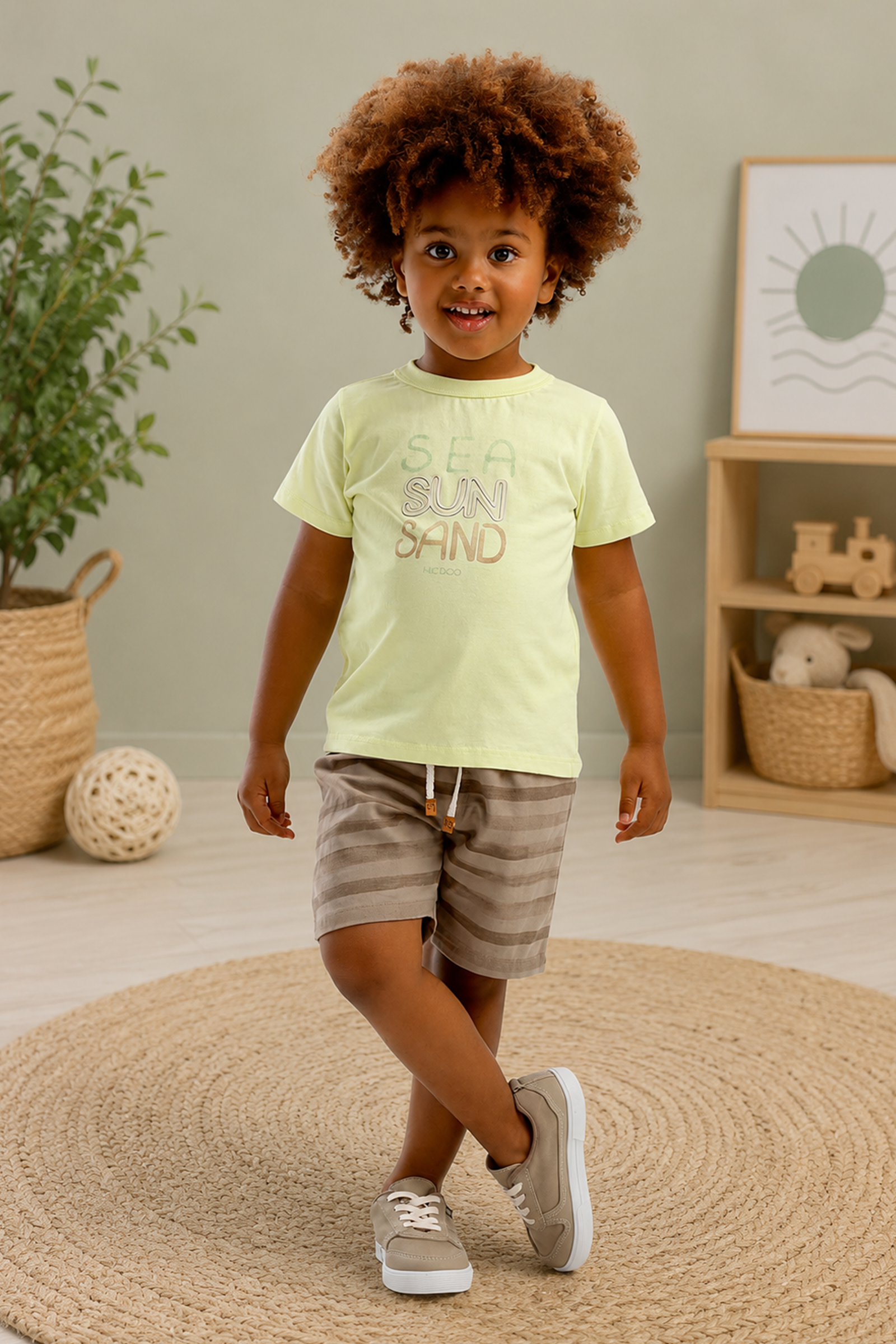 Conjunto de Camiseta em Meia Malha e Bermuda em Linho Santorine com Elastano 92888 LucBoo Bebê Menino