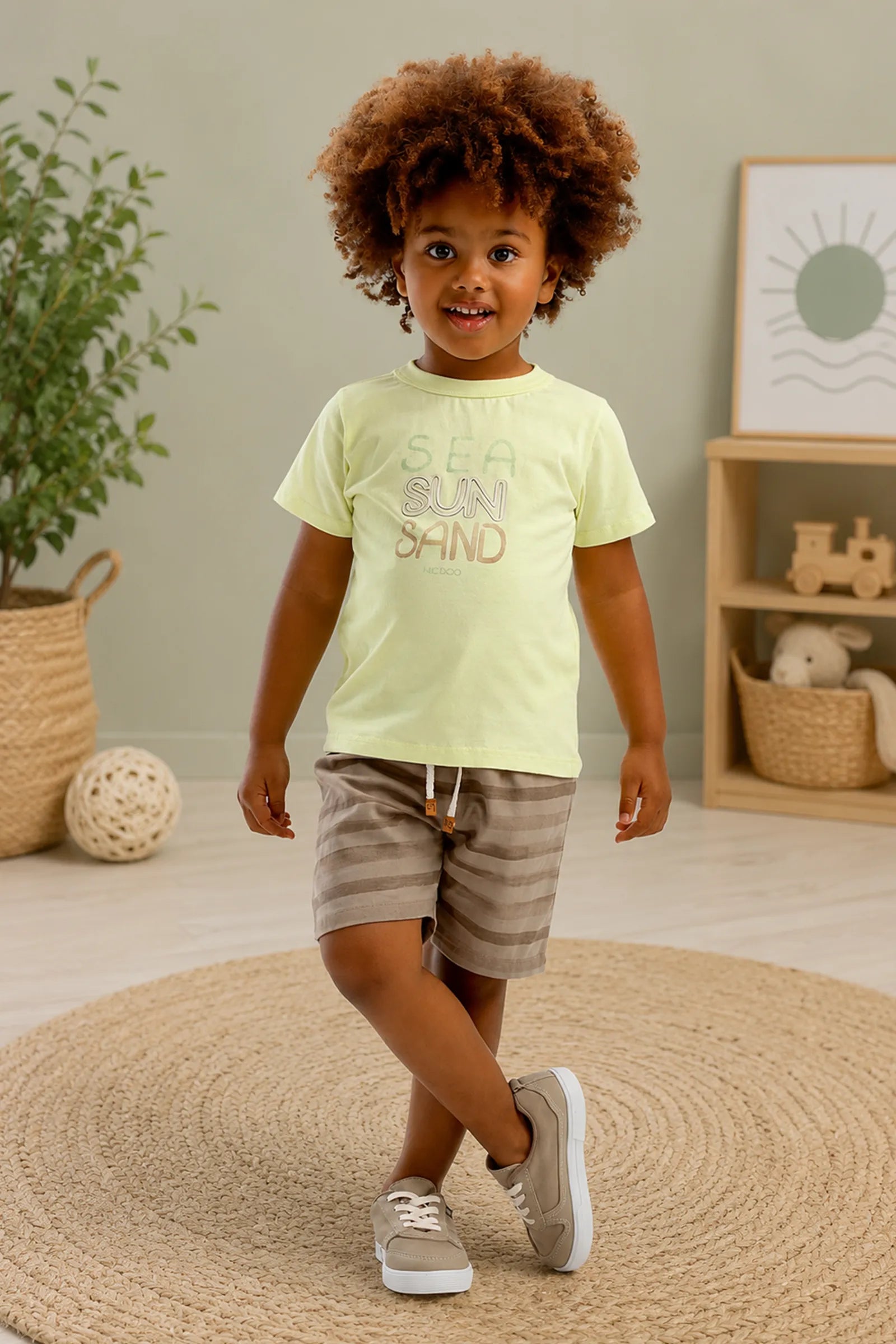Conjunto de Camiseta em Meia Malha e Bermuda em Linho Santorine com Elastano 92888 LucBoo Bebê Menino