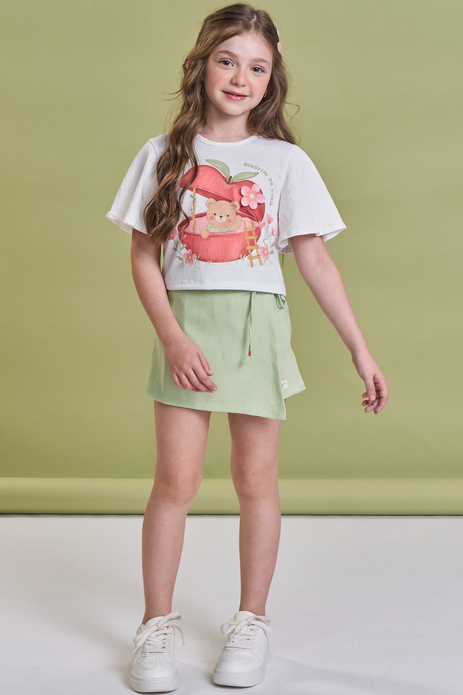 Conjunto de Blusa Boxy em Malha Wave e Short Saia em Tecido Texturizado 93014 Kukiê Infantil Menina