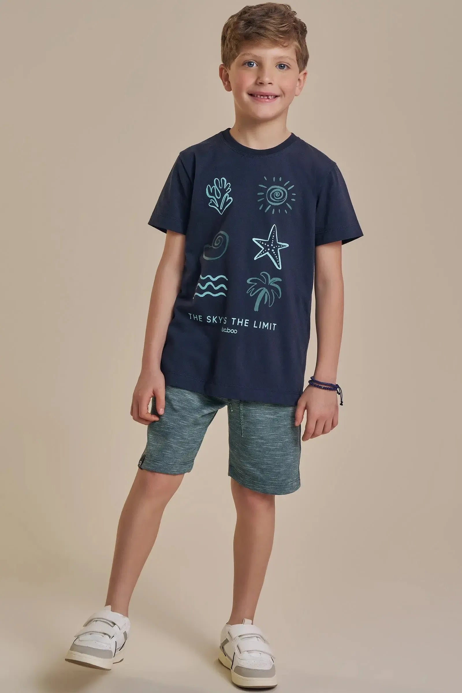 Conjunto de Camiseta em Meia Malha e Bermuda em Mesclado Bicolor 93142 LucBoo Infantil Menino