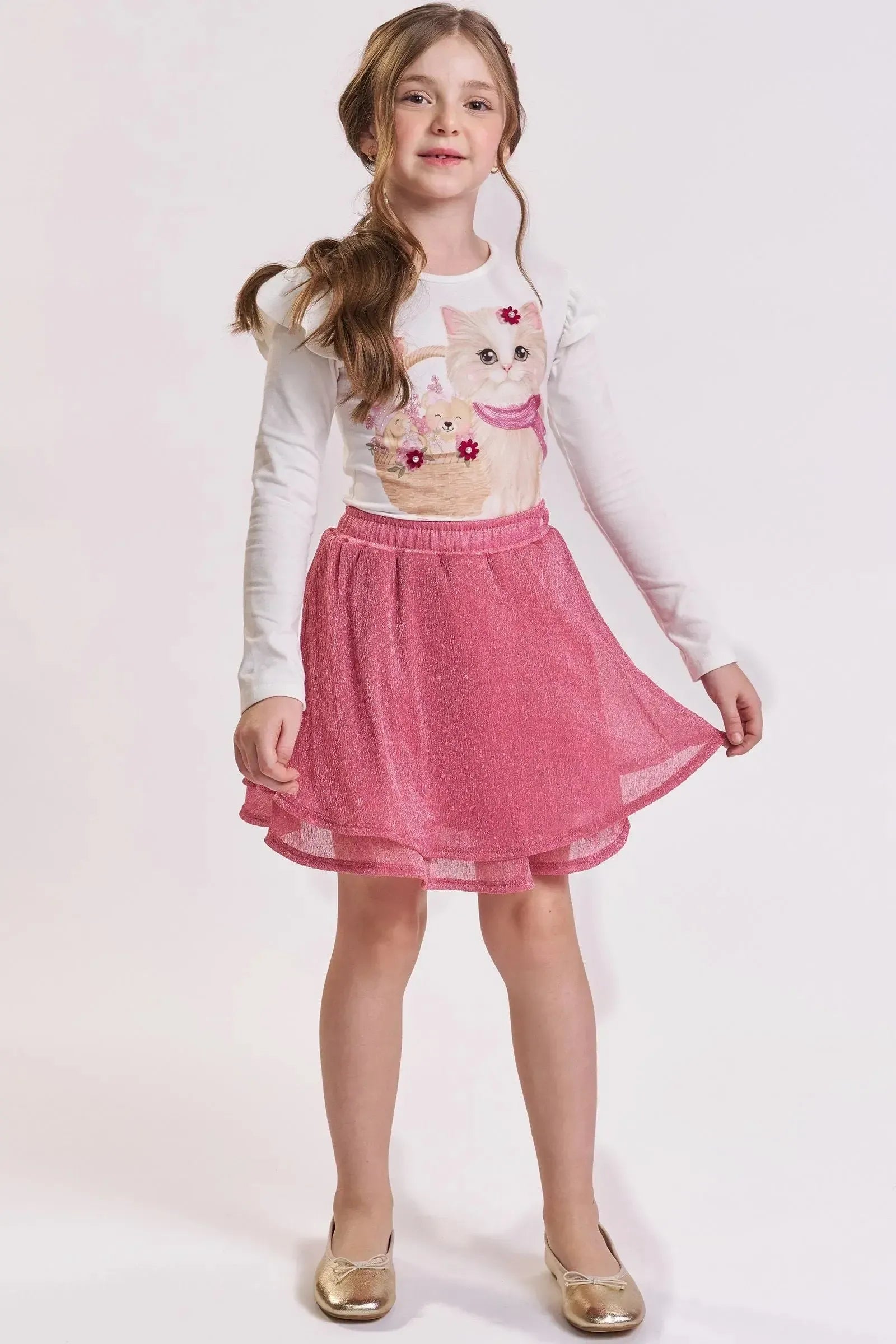 Conjunto de Blusa em Cotton e Saia em Malha Plissada Acetinada (com Shorts Embutido) 93191 Kukiê Infantil Menina