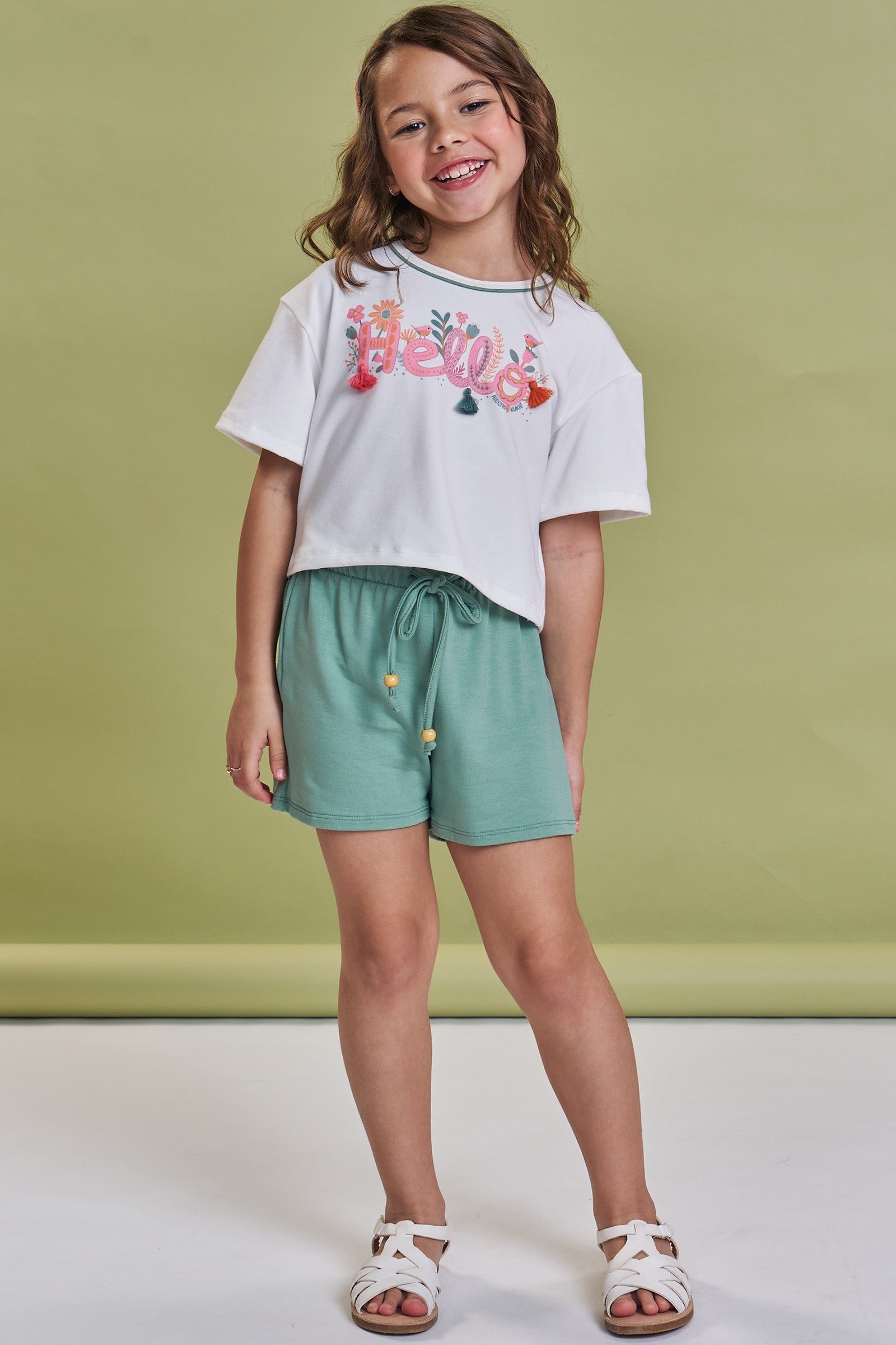 Conjunto de Blusa Boxy Over em Meia Malha e Shorts em Molevisco 93264 Kukiê Infantil Menina