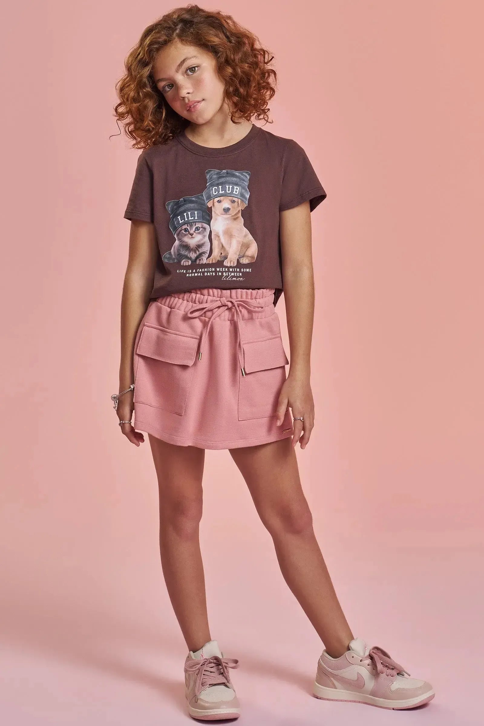 Conjunto de Blusa Boxy em Meia Malha e Short Saia em Moletom sem Pelúcia 93287 Lilimoon Teen Menina
