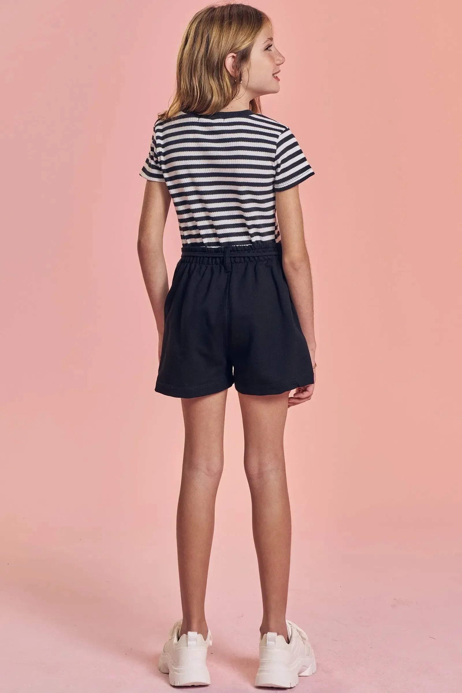 Conjunto de Blusa em Malha Waffle Listrada e Shorts em Moletom sem Pelúcia 93297 Lilimoon Teen Menina