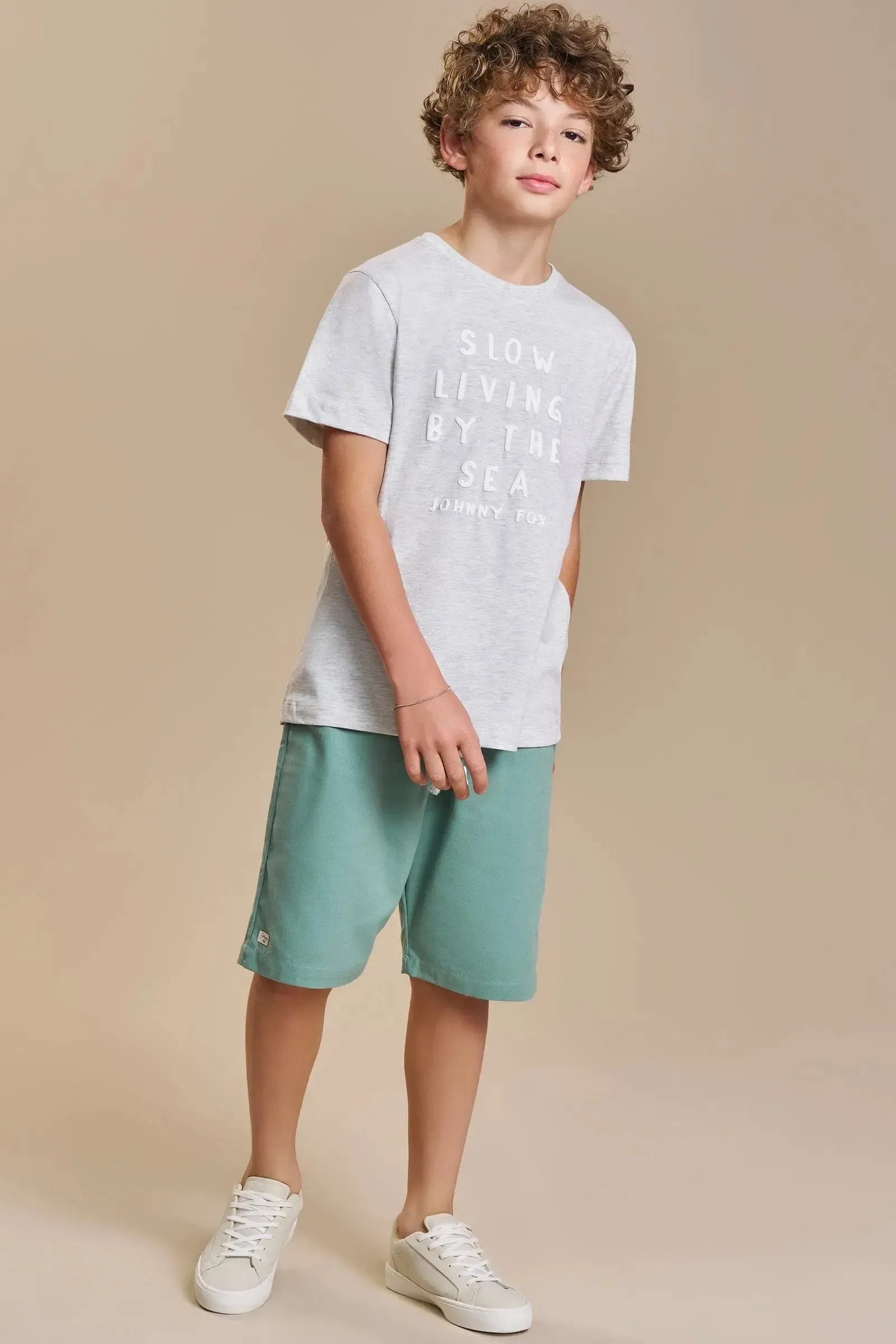 Conjunto de Camiseta em Meia Malha e Bermuda em Linho Santorine com Elastano 93333 Johnny Fox Teen Menino