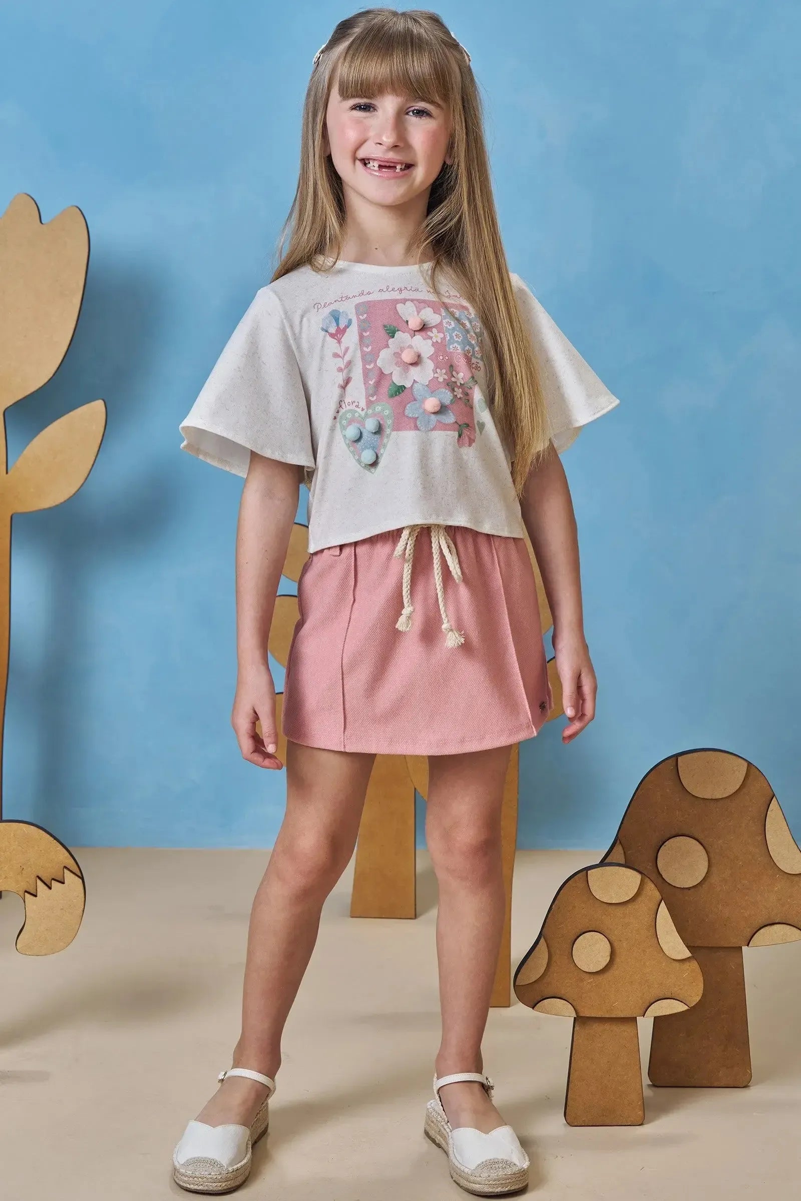 Conjunto de Blusa Boxy em Malha Fresh com Short Saia em Cotton Jeans 93389 Infanti Infantil Menina