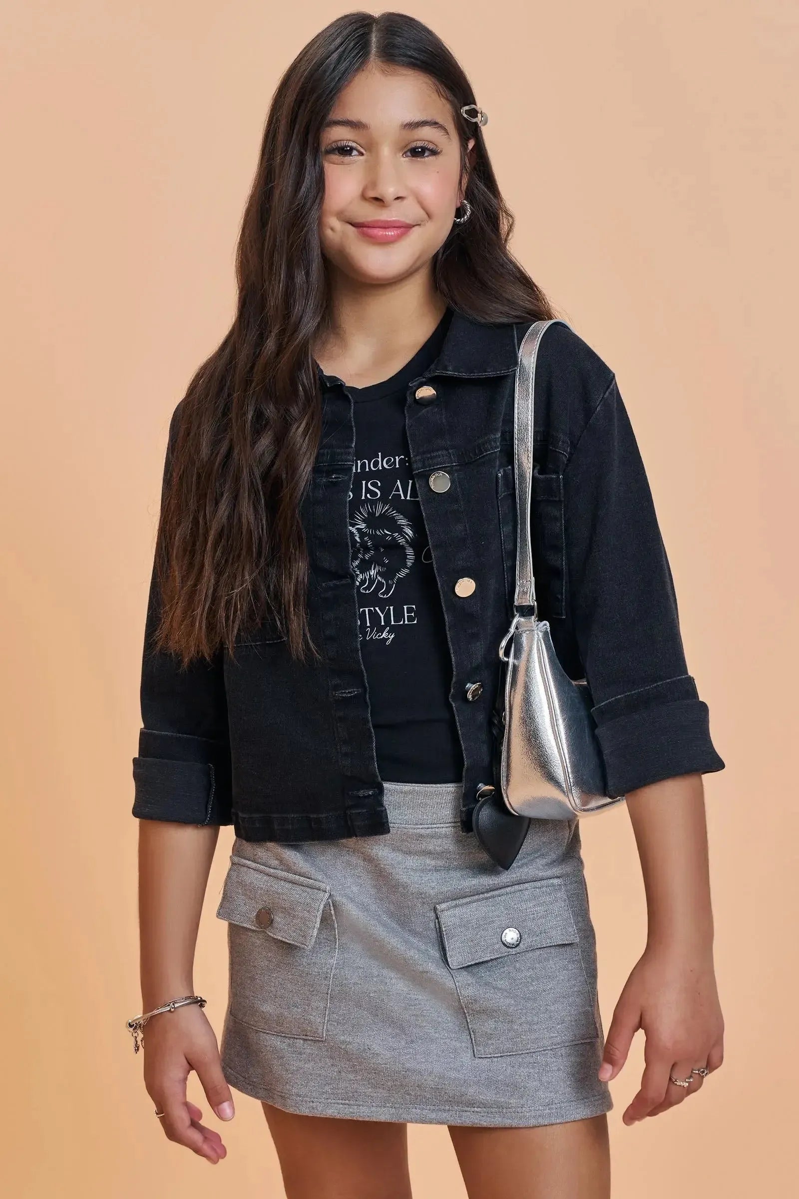 Conjunto de Blusa Boxy em Cotton e Short Saia em Moletom sem Pelúcia 93519 Vic&Vicky Teen Menina