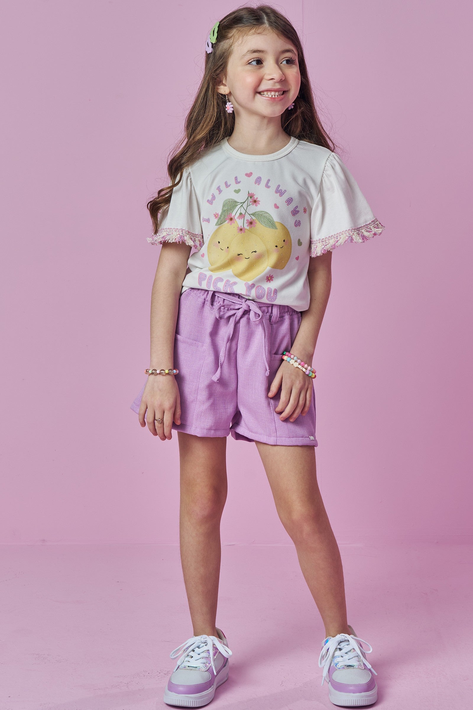 Conjunto de Blusa em Meia Malha e Shorts em Linho Rústico 93681 Kukiê Infantil Menina