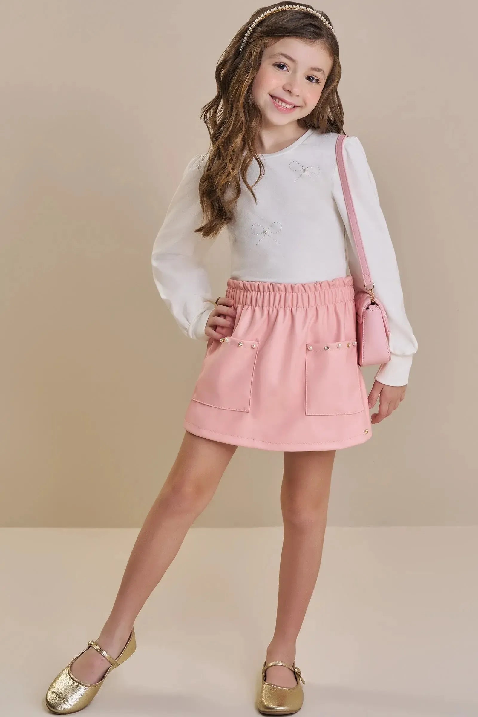 Conjunto de Blusa em Cotton e Short Saia em Couro Eco 93781 Kukiê Infantil Menina