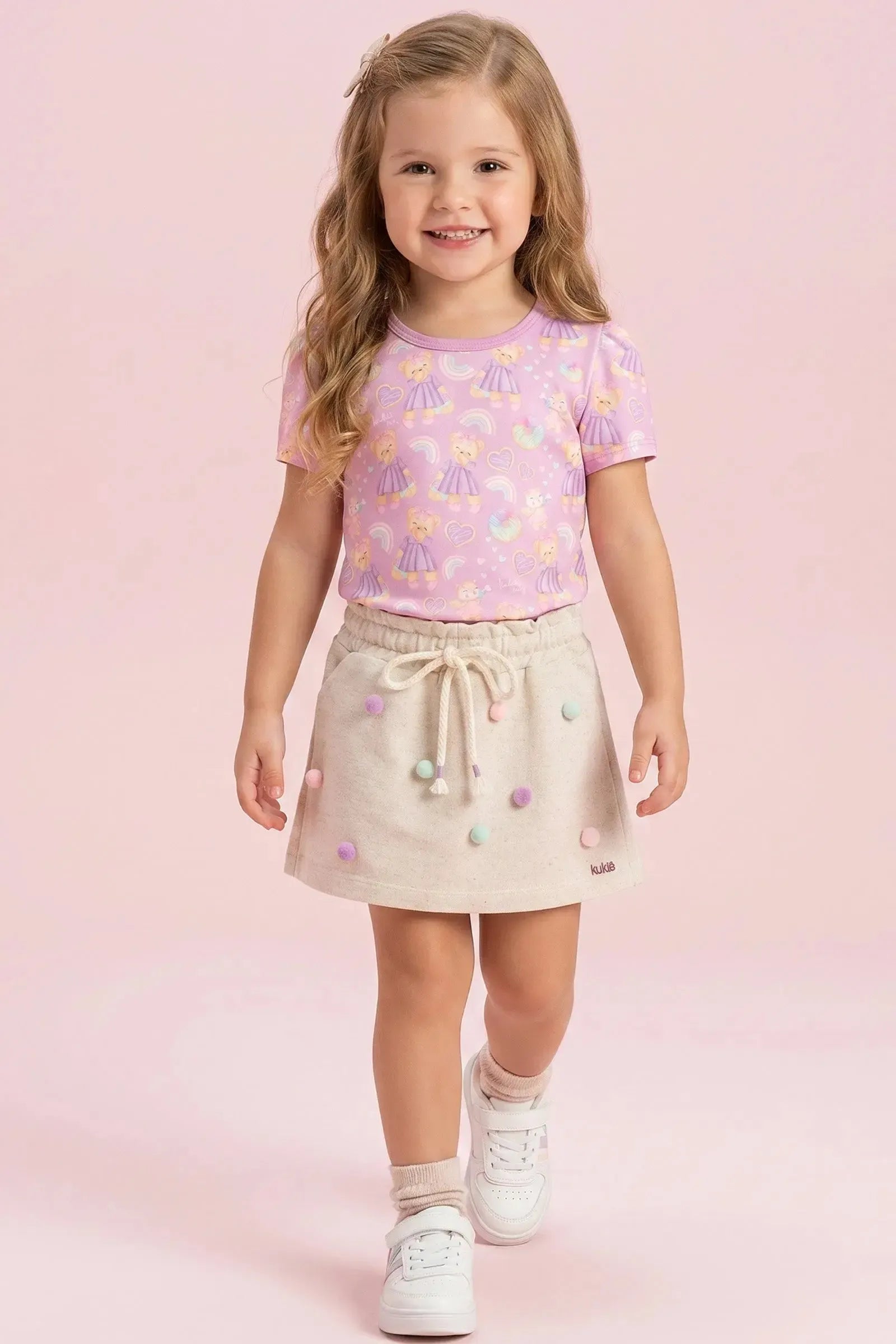 Conjunto de Blusa em Malha Power e Short Saia em Moletom sem Pelúcia 94198 Kukiê Infantil Menina