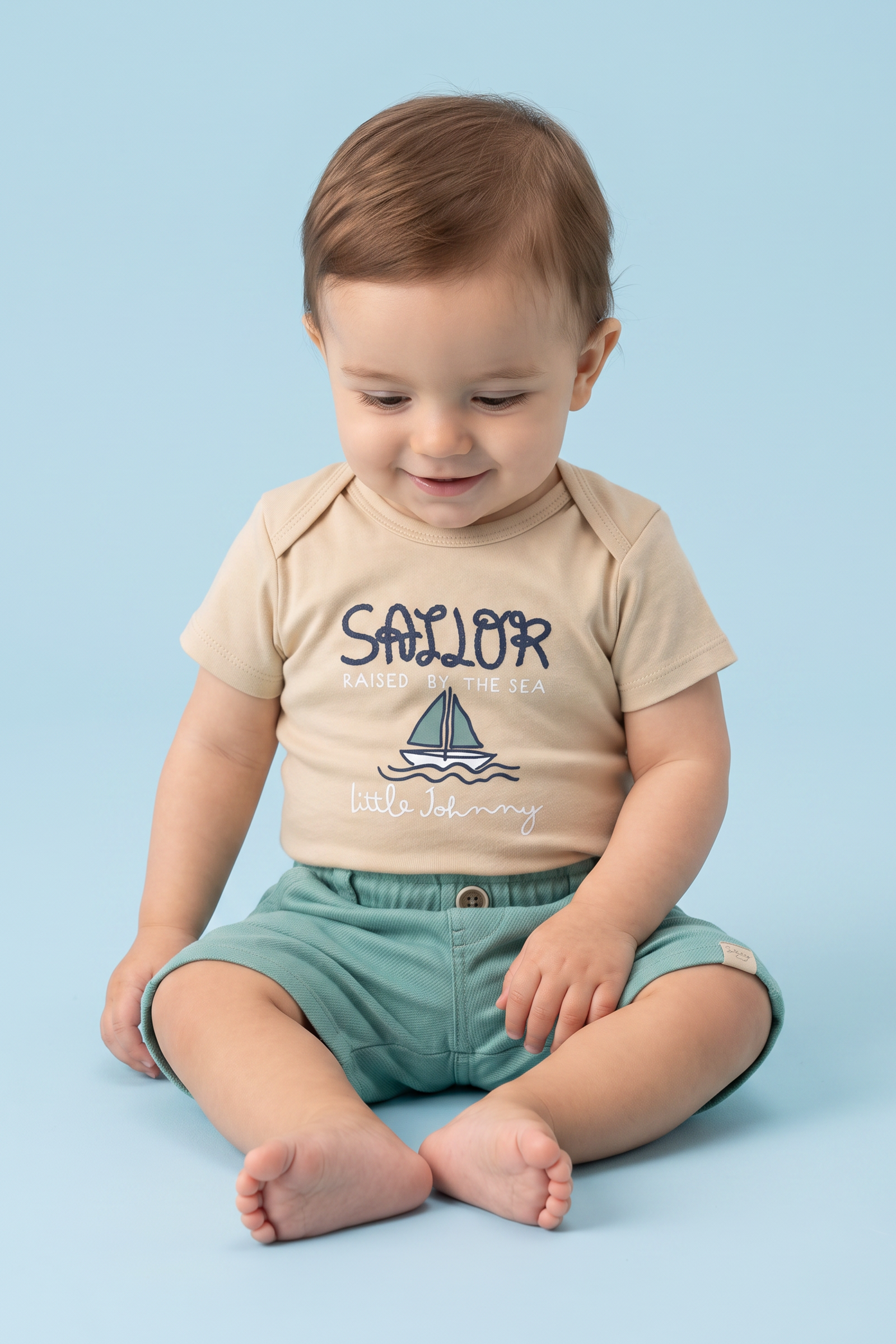 Conjunto de Body em Suedine e Bermuda em Cotton Jeans com Elastano 95155 Johnny Fox Bebê Menino
