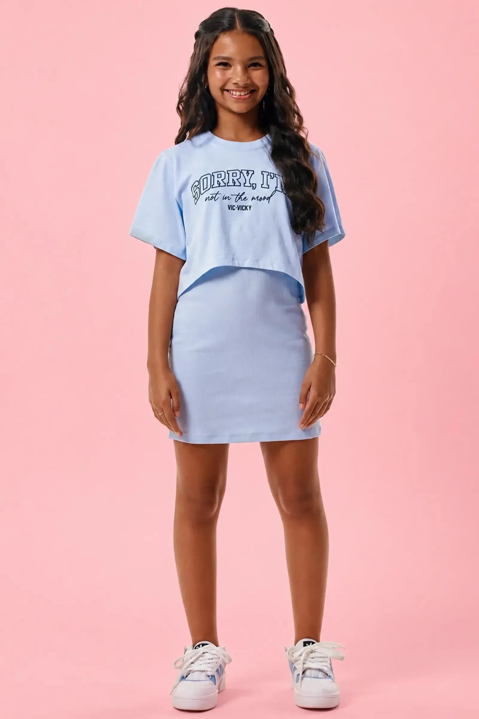 Conjunto de Vestido em Canelado Liz e Blusa Sobreposição em Meia Malha 95948 Vic&Vicky Teen Menina