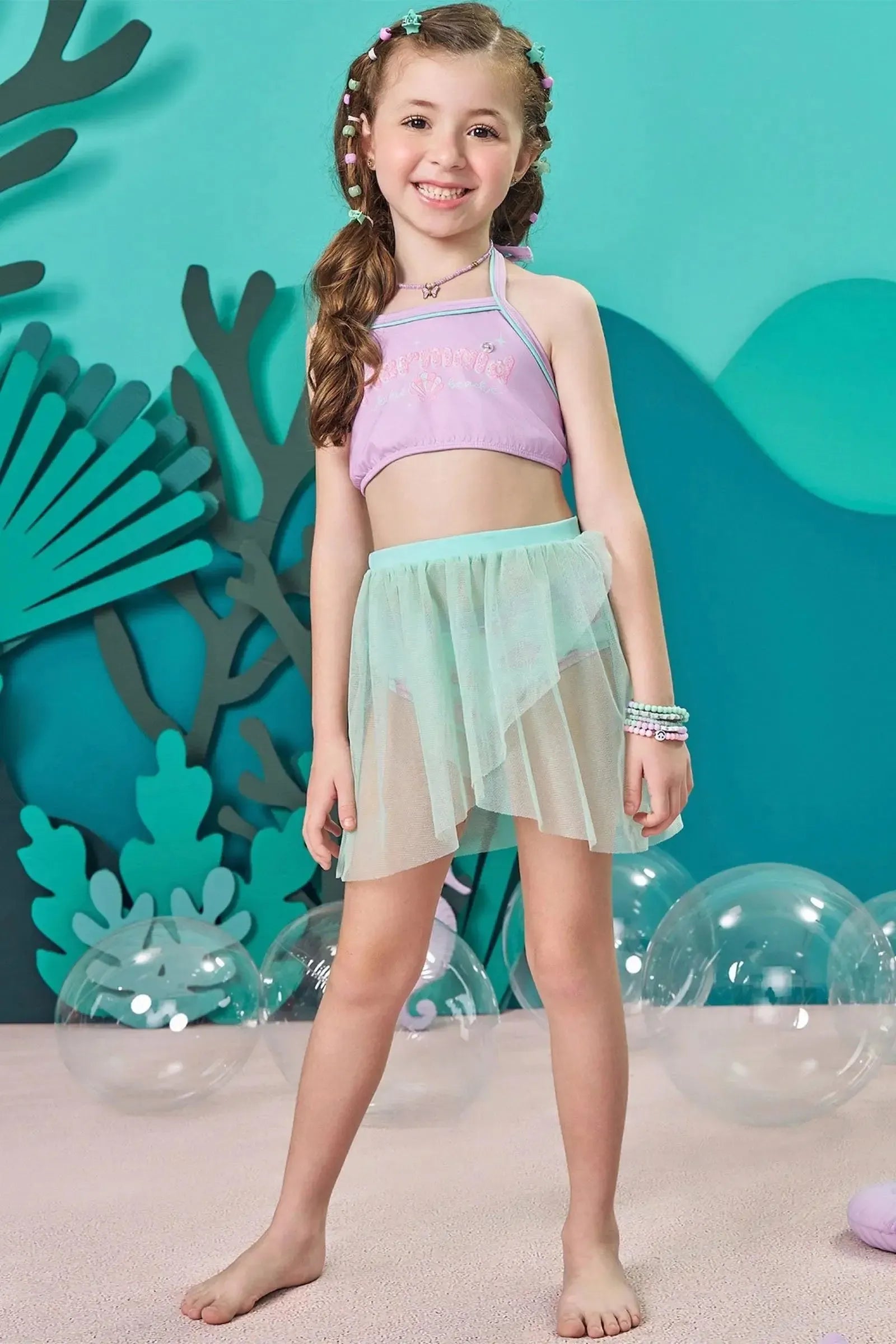 Biquíni em Malha com Proteção UV50+ e Saia em Tule 83691 Kukiê Infantil Menina