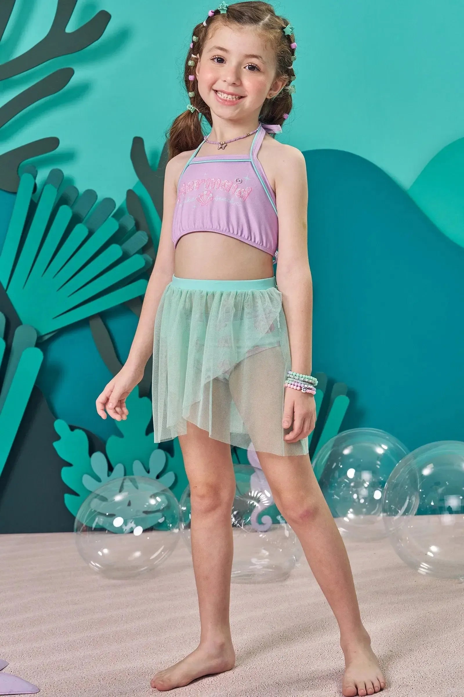Biquíni em Malha com Proteção UV50+ e Saia em Tule 83691 Kukiê Infantil Menina