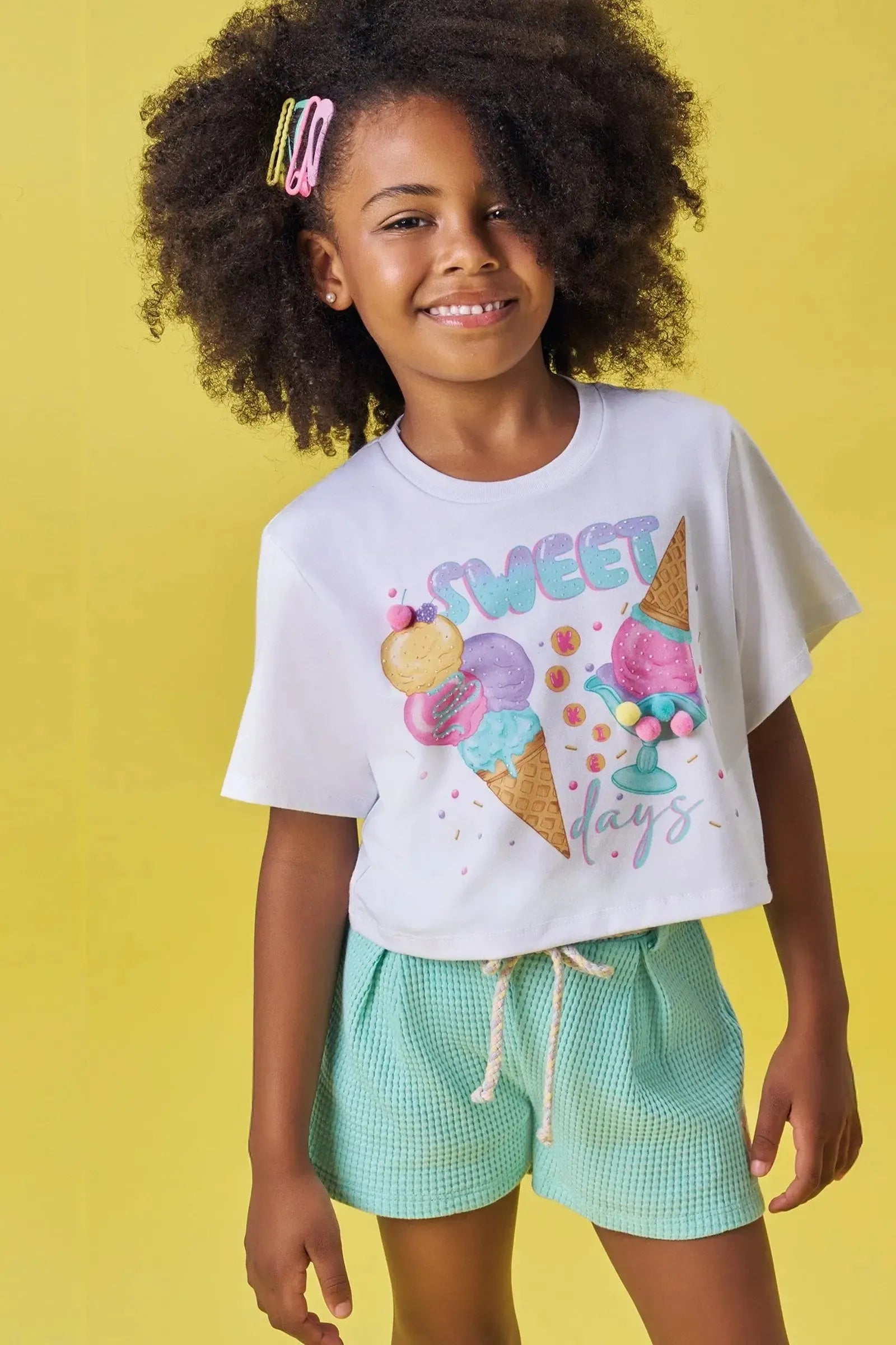 Blusa Boxy Over em Meia Malha e Shorts em Moletinho Big Waffle 83235 Kukiê Infantil Menina