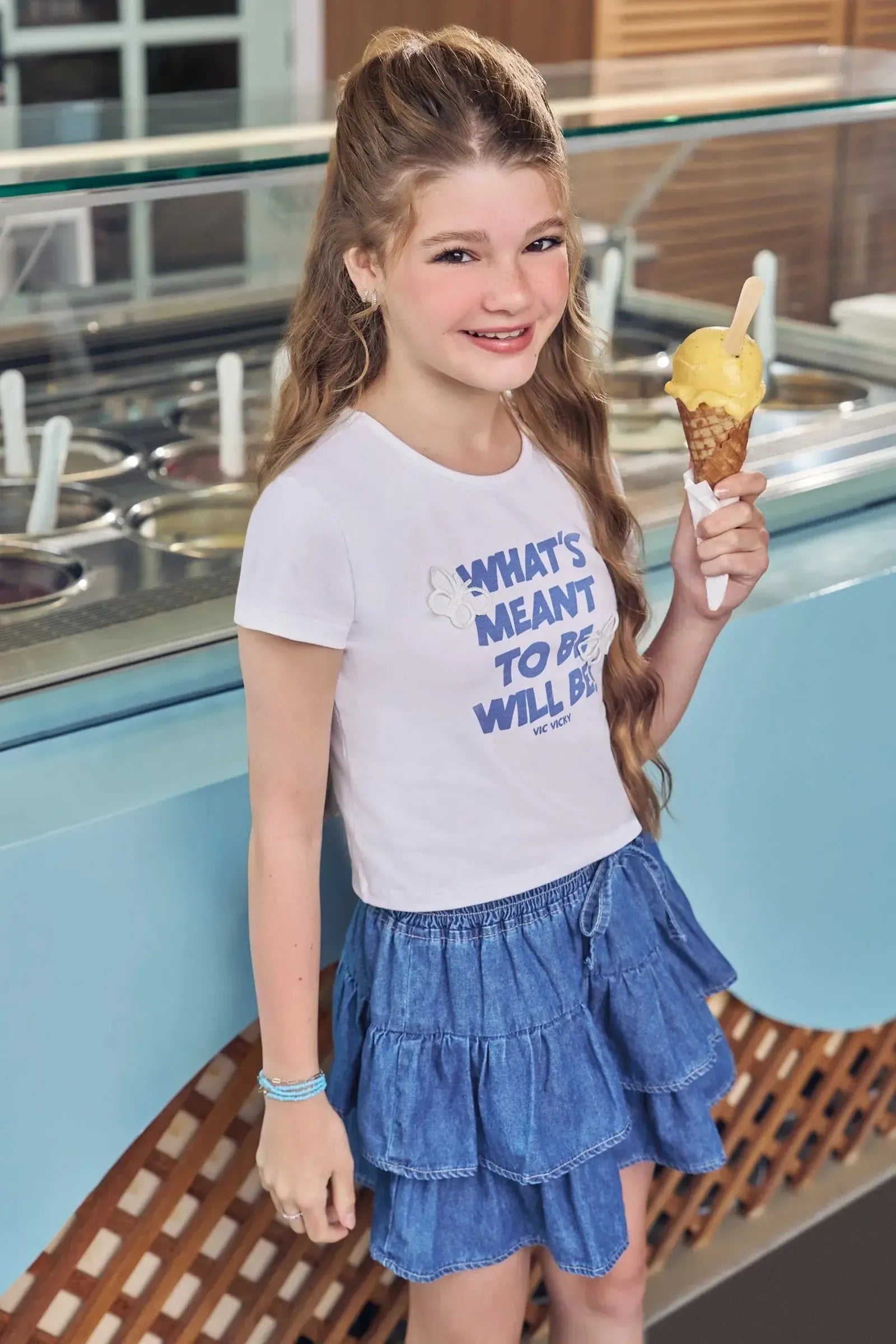 Blusa em Cotton e Saia em Jeans com Elastano 96905 Vic&Vicky Teen Menina