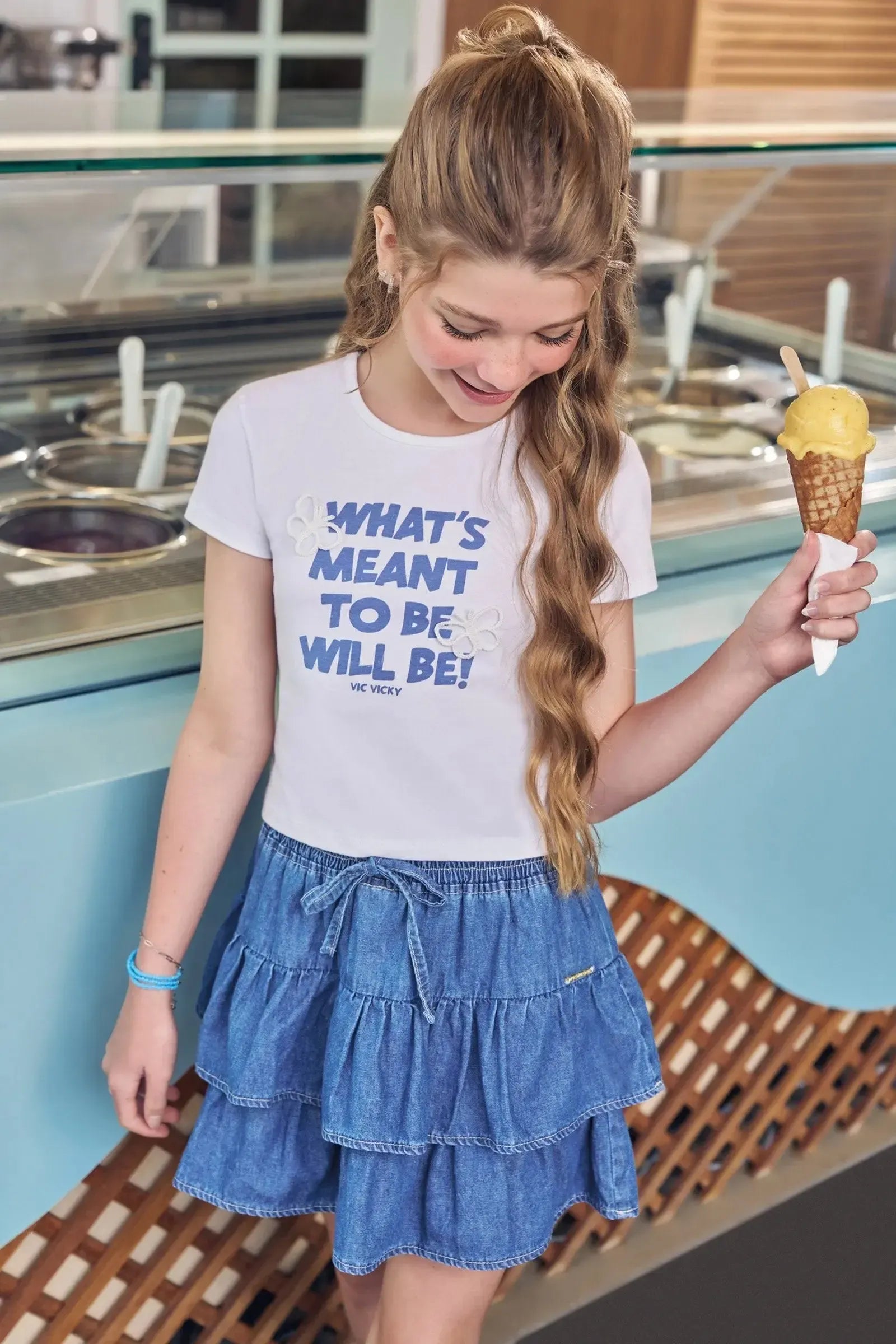 Blusa em Cotton e Saia em Jeans com Elastano 96905 Vic&Vicky Teen Menina