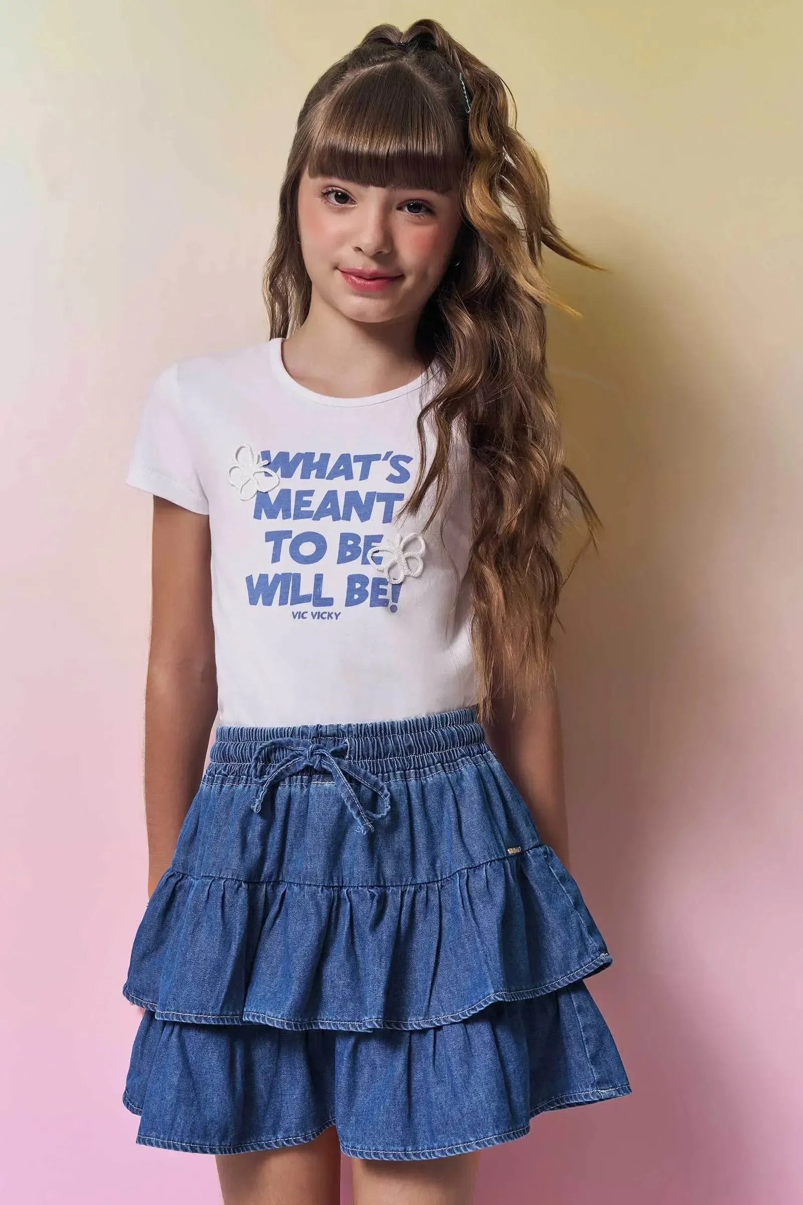 Blusa em Cotton e Saia em Jeans com Elastano 96905 Vic&Vicky Teen Menina