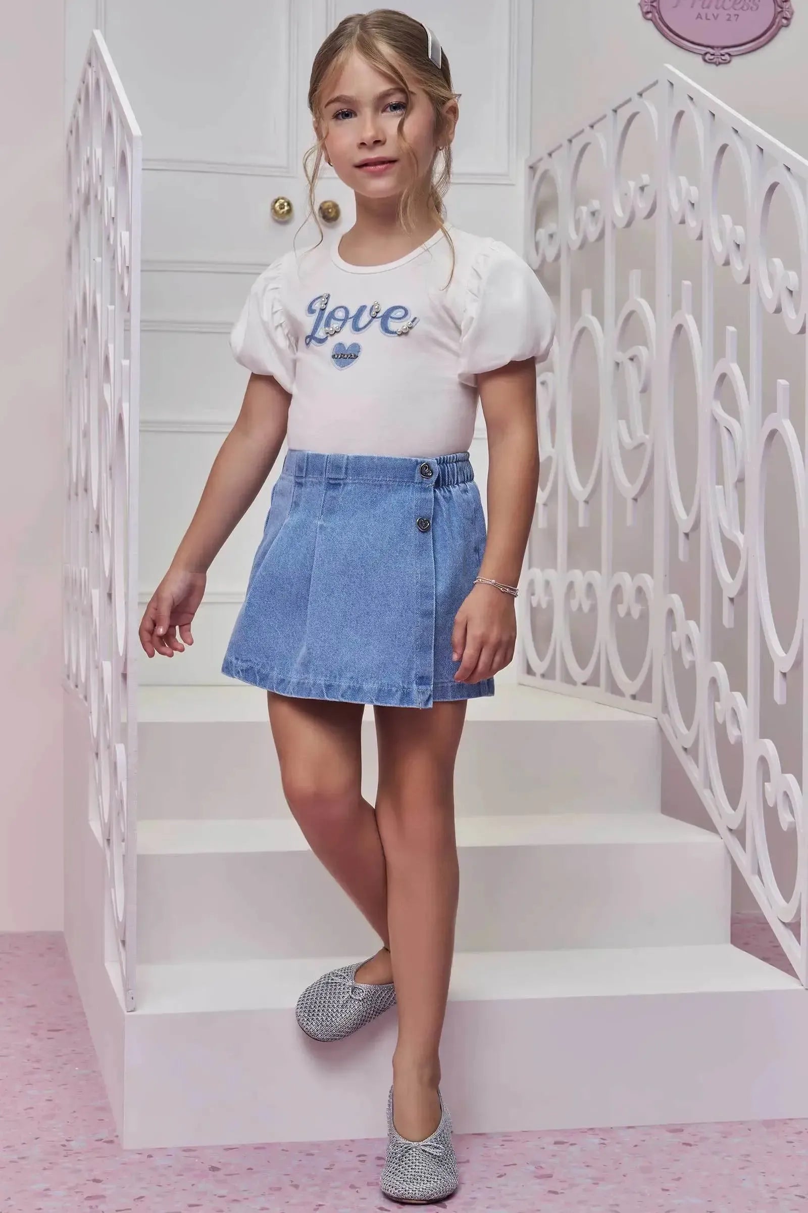 Blusa em Cotton e Tricoline e Short Saia em Jeans 98795 Infanti Infantil Menina