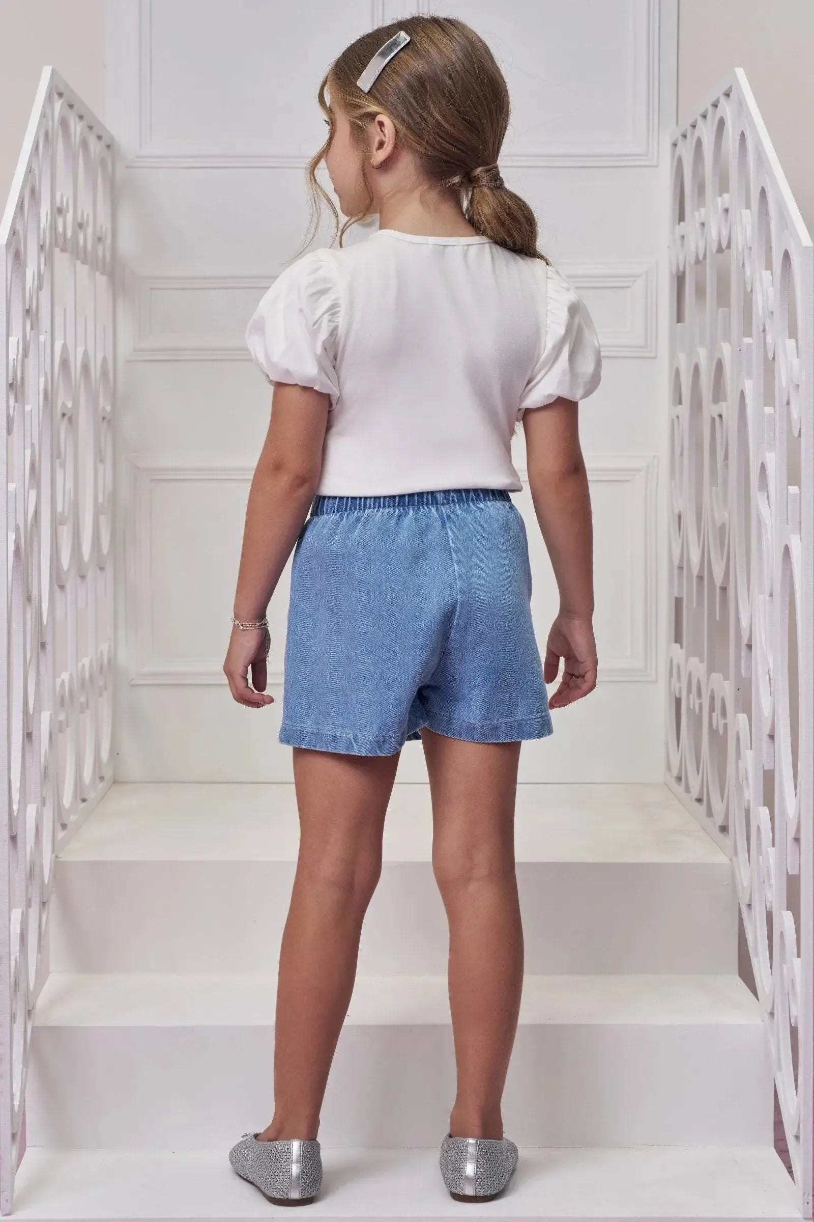 Blusa em Cotton e Tricoline e Short Saia em Jeans 98795 Infanti Infantil Menina