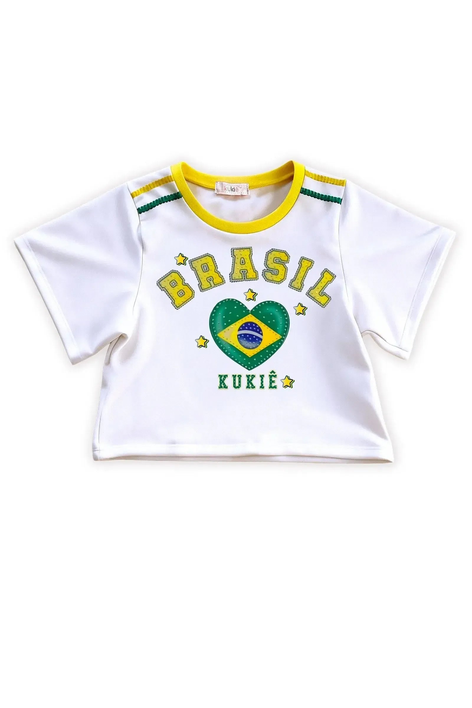 Blusa em Malha Power com Bandeira Do Brasil em Formato de Coração. Estampa Nas Costas com O Número Que Faz a Torcida Kukiê Brilhar. 99742 Kukiê Infantil Menina