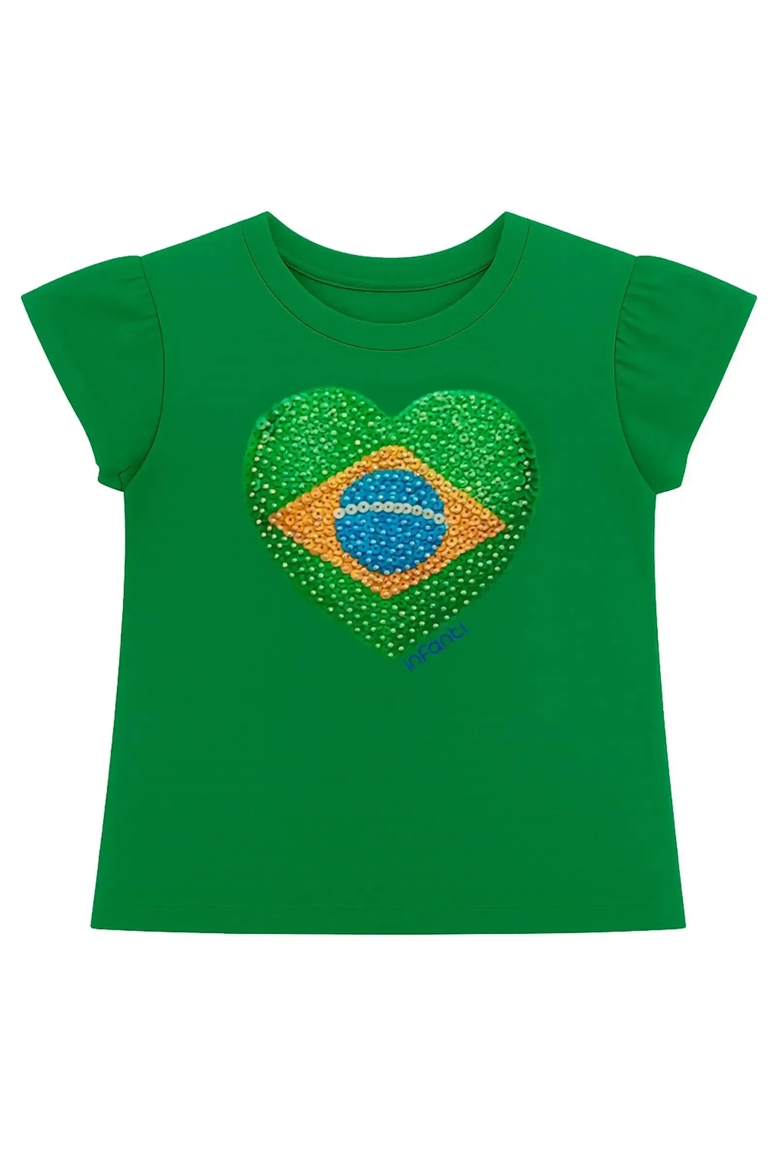 Blusa em Meia Malha Algodão Prime com Detalhe Na Manga. Estampa de Coração com a Bandeira Do Brasil e Muito Brilho Para Torcer com Amor e Estilo. 99744 Infanti Infantil Menina