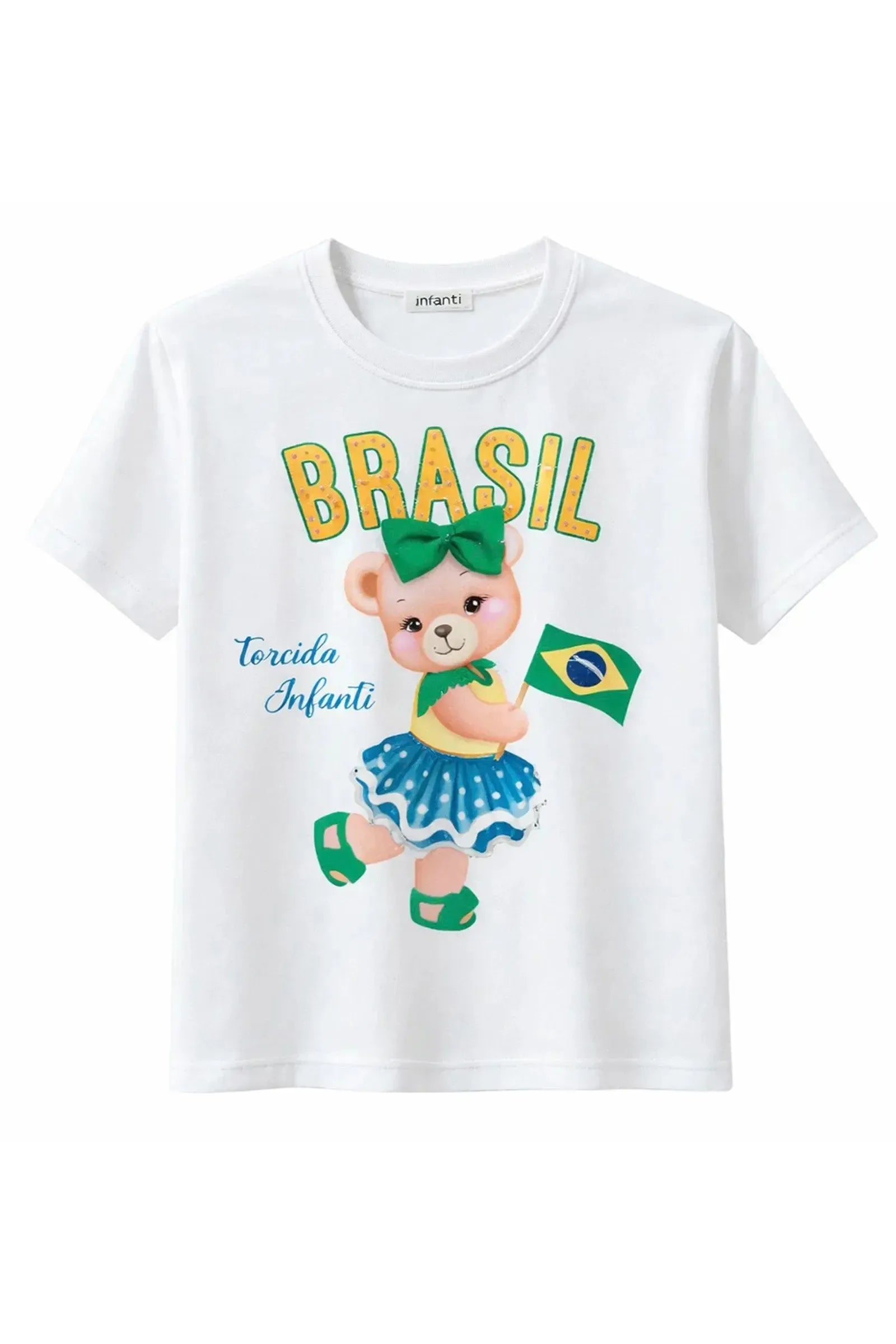 Blusa em Meia Malha Algodão Prime Conforto Para Vibrar Pelo Brasil! Estampa com a Ursinha Da Torcida Infanti Laço Aplicado e Detalhes em Strass. 99741 Infanti Infantil Menina