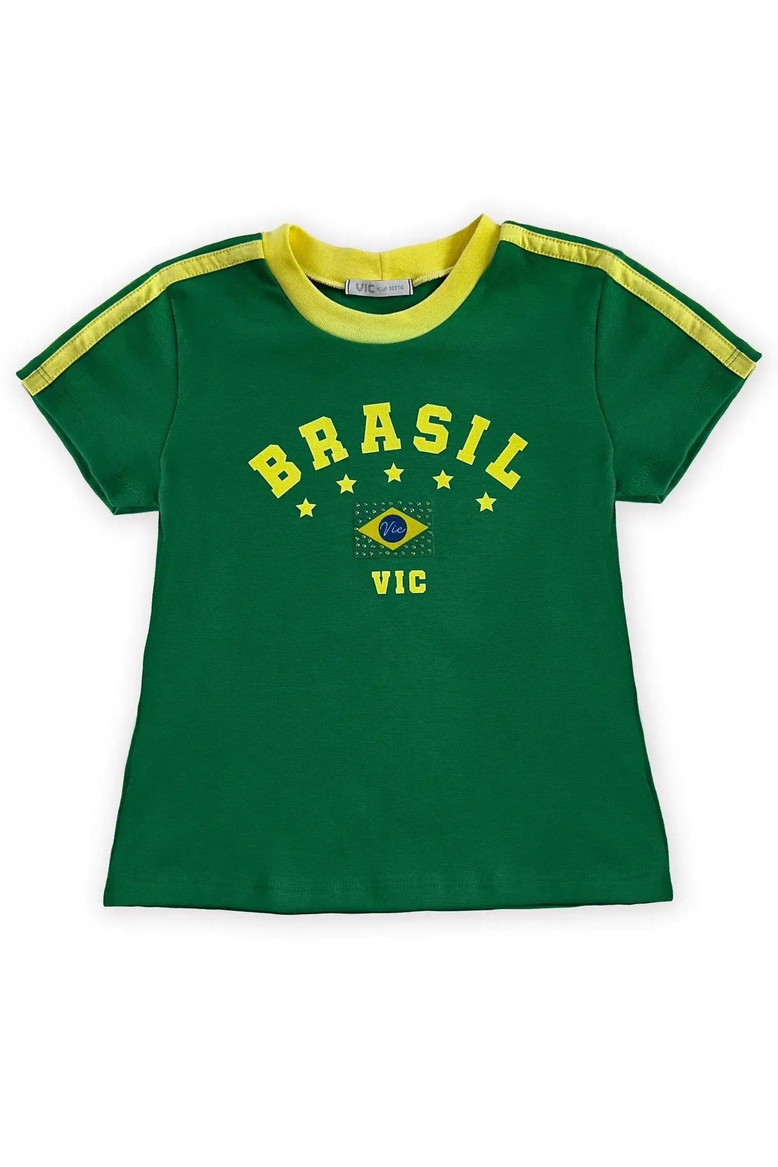 Blusa em Ribana Canelada Algodão Prime. A Estampa Brasil e a Bandeira com Strass Trazem a Energia Da Torcida Verde e Amarela com Atitude Vic. 99759 Vic Teen Menina