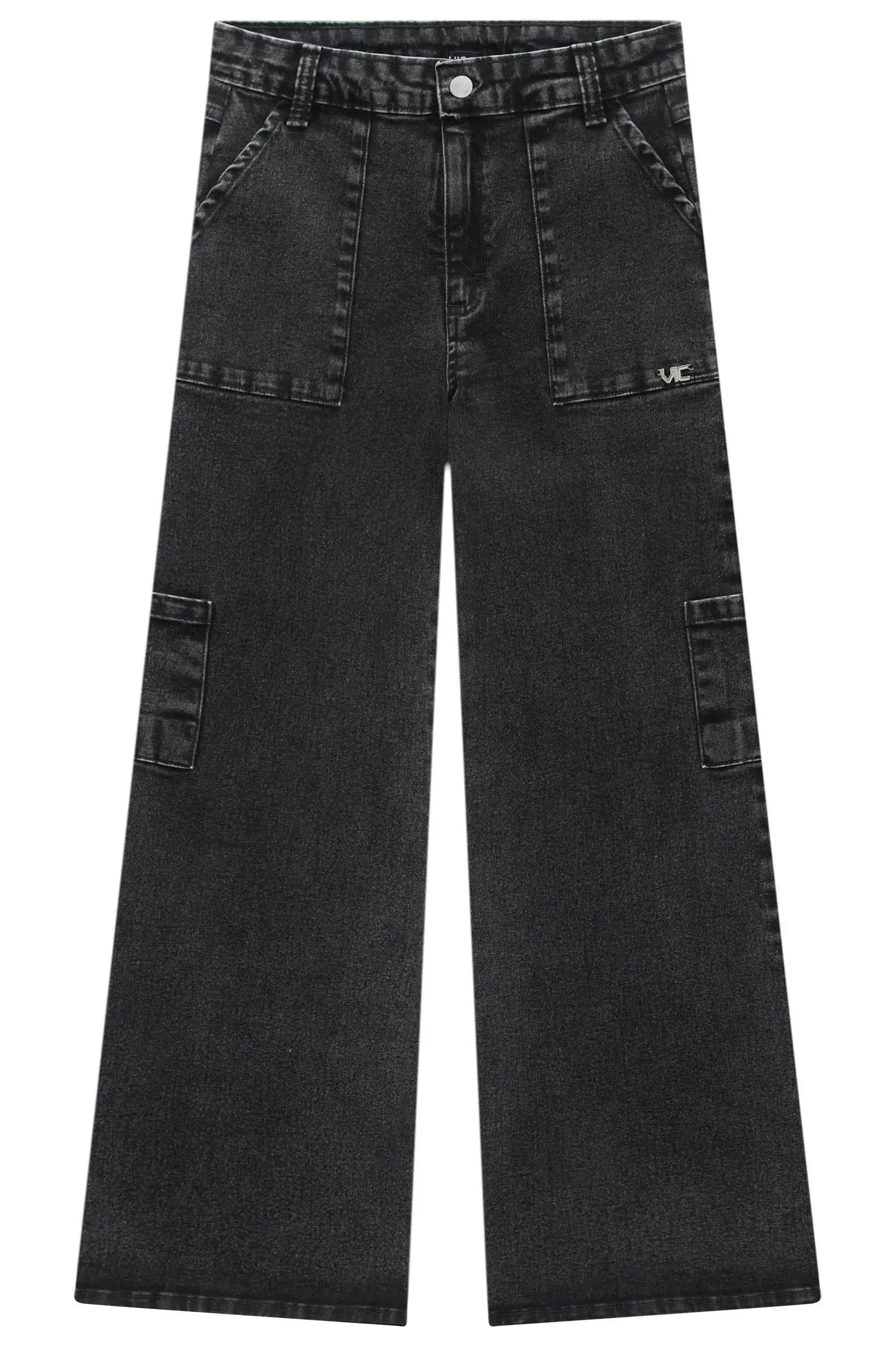 Calça Wide Leg Cargo em Jeans Black com Elastano 97945 Vic Teen Menina