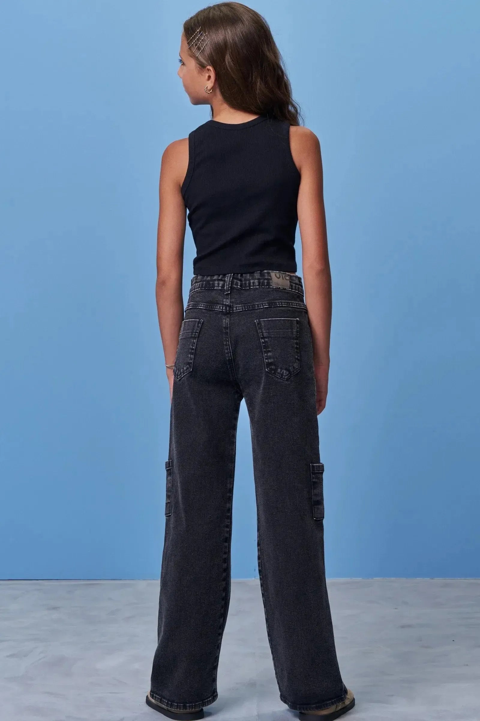 Calça Wide Leg Cargo em Jeans Black com Elastano 97945 Vic Teen Menina
