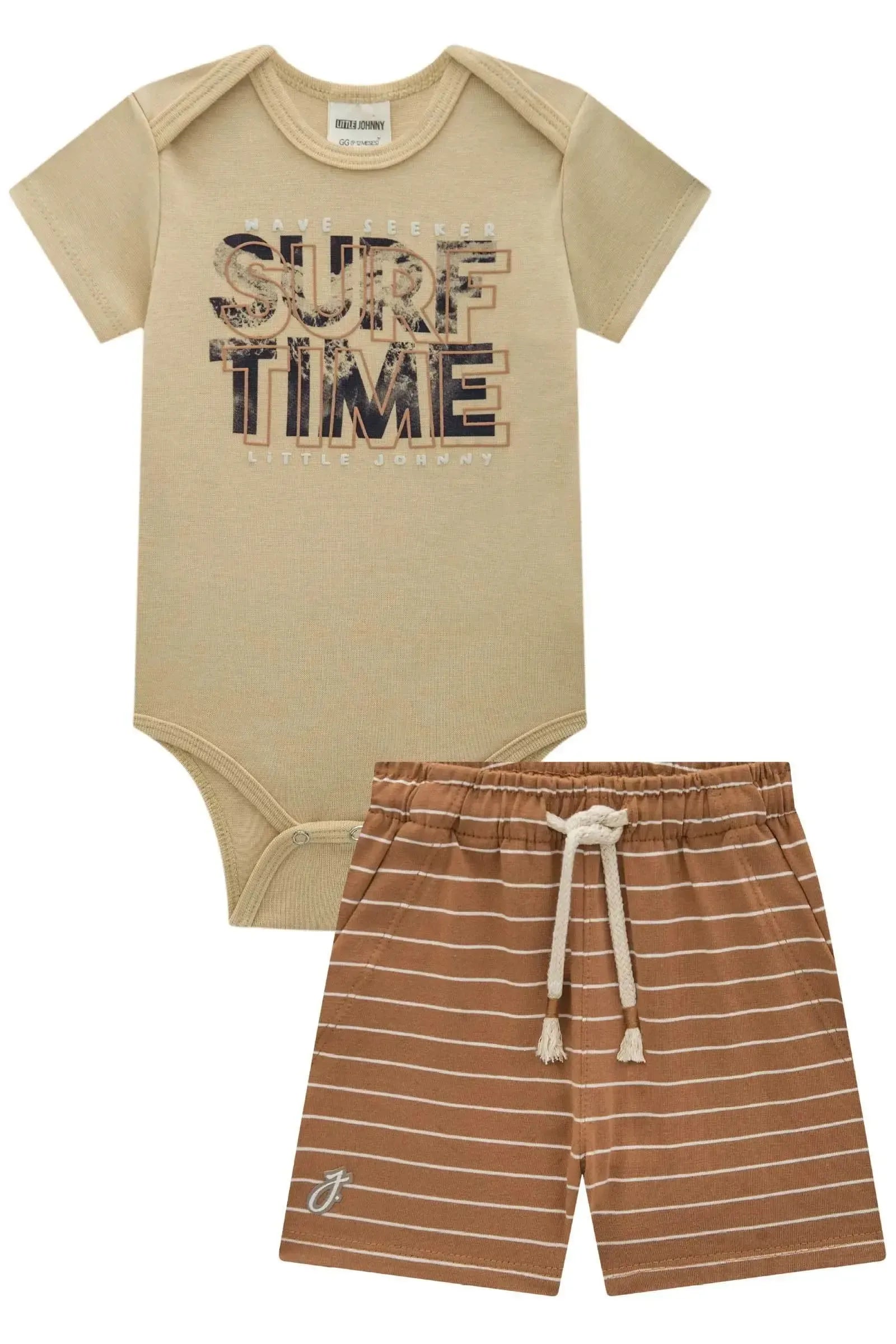 Conjunto Body em Ribana e Bermuda em Cotton Listrado Fio Tinto 84712 Johnny Fox Bebê Menino