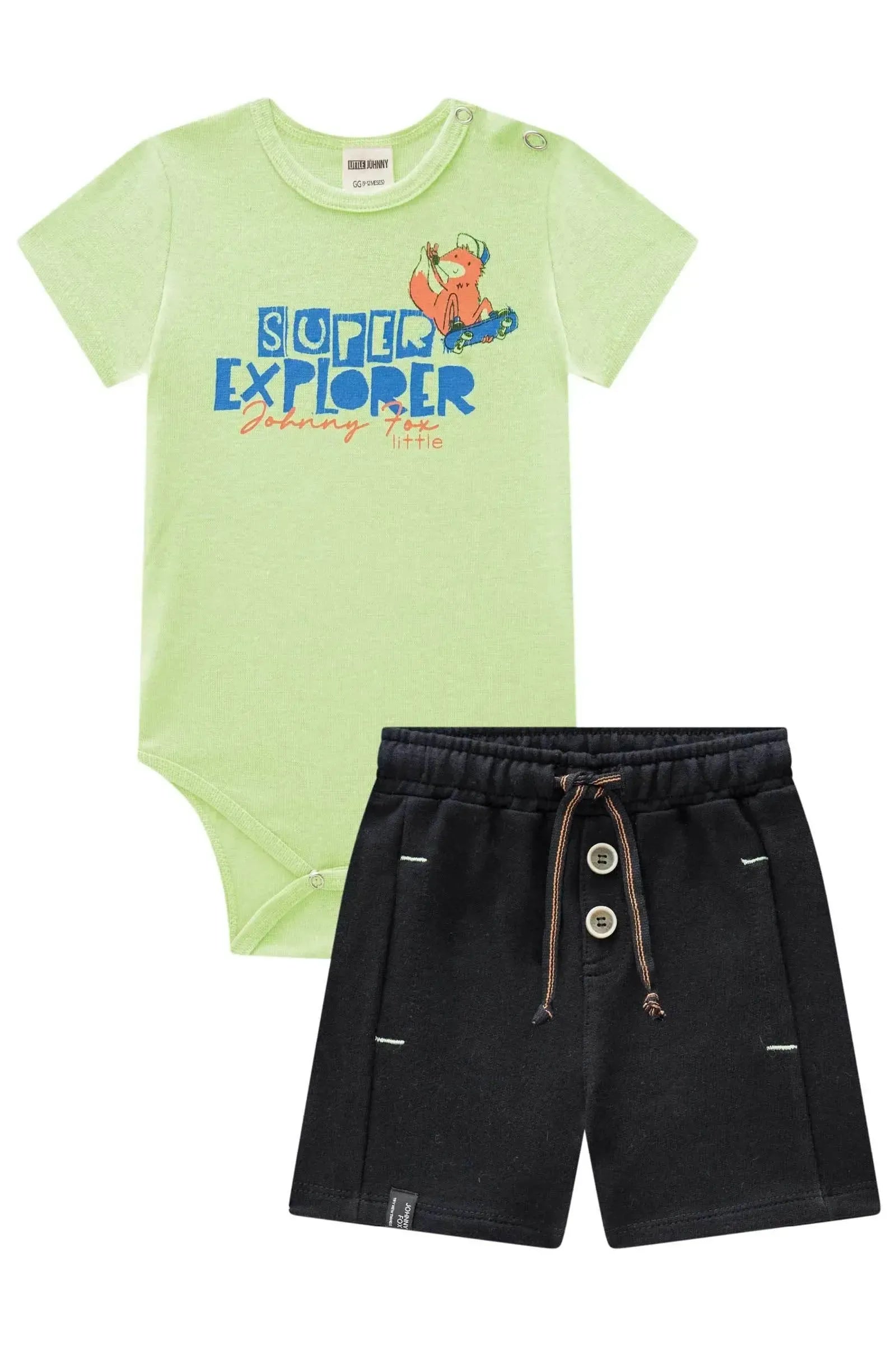 Conjunto Body em Ribana e Bermuda em Moletom sem Pelúcia 84673 Johnny Fox Bebê Menino