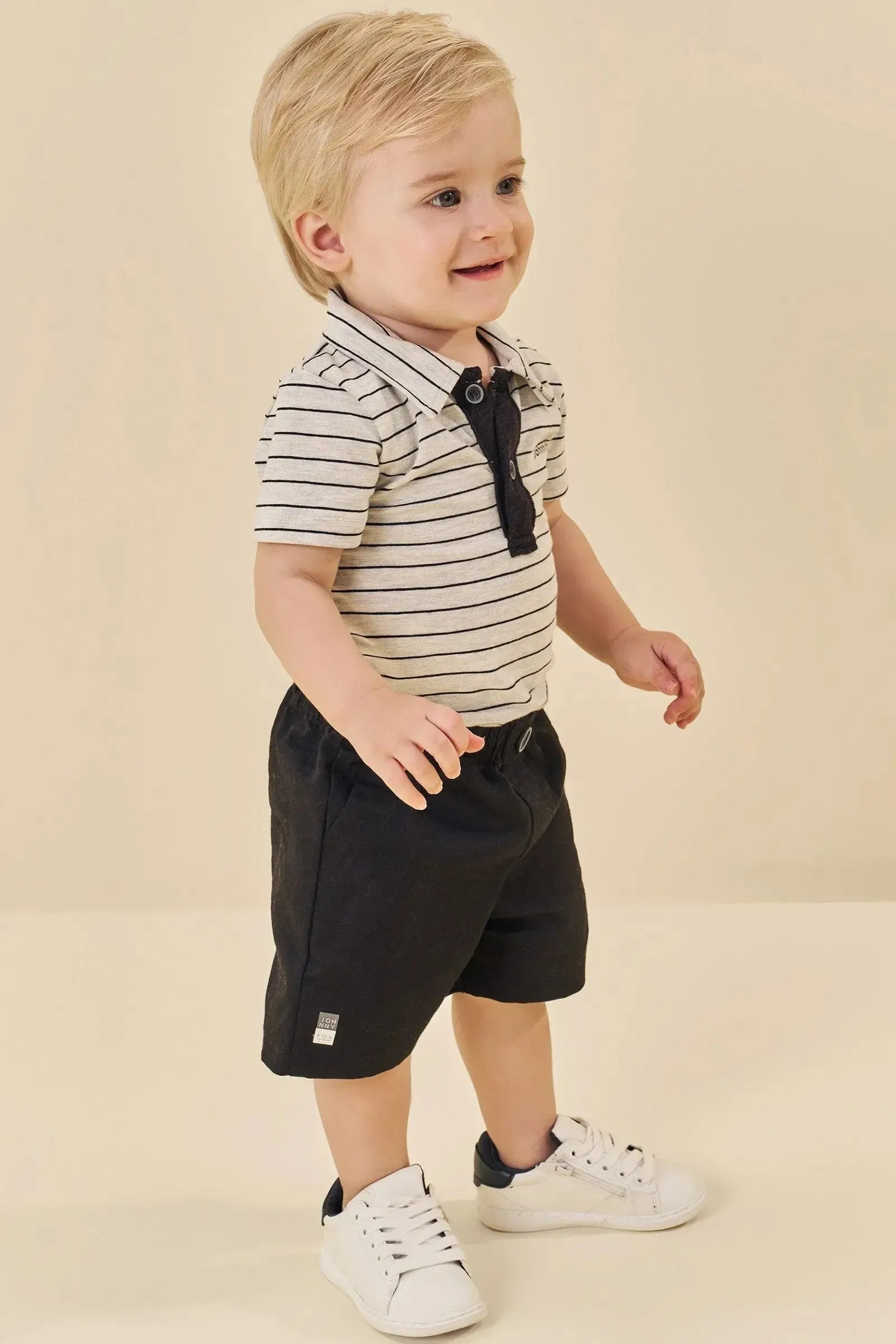 Conjunto Body Polo em Cotton Listrado Fio Tinto e Bermuda Sarja Caribe com Elastano 84657 Johnny Fox Bebê Menino