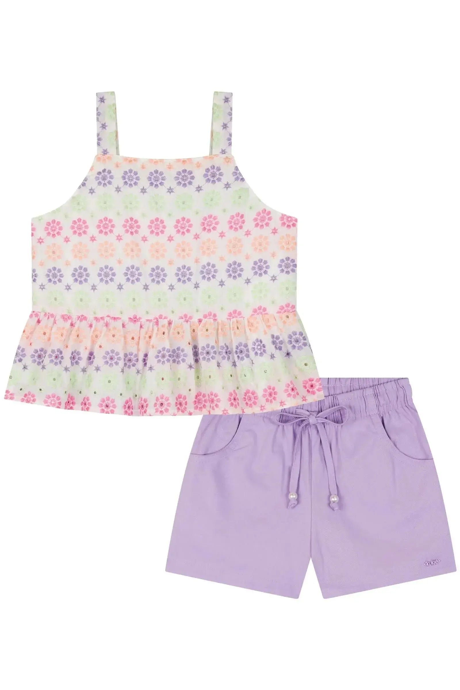 Conjunto de Bata Boxy em Tecido Bordado e Shorts em Sarja com Elastano 84901 Kukiê Infantil Menina