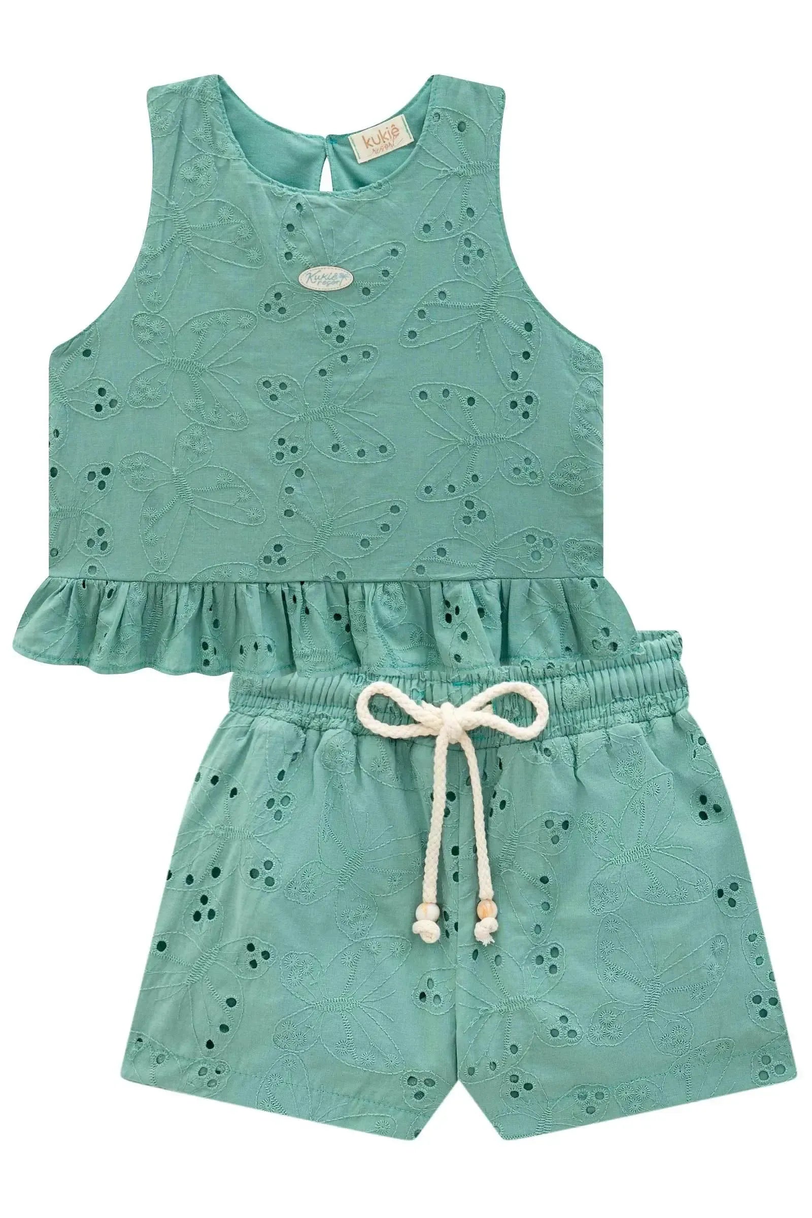 Conjunto de Bata e Shorts em Tecido Bordado 98308 Kukiê Infantil Menina