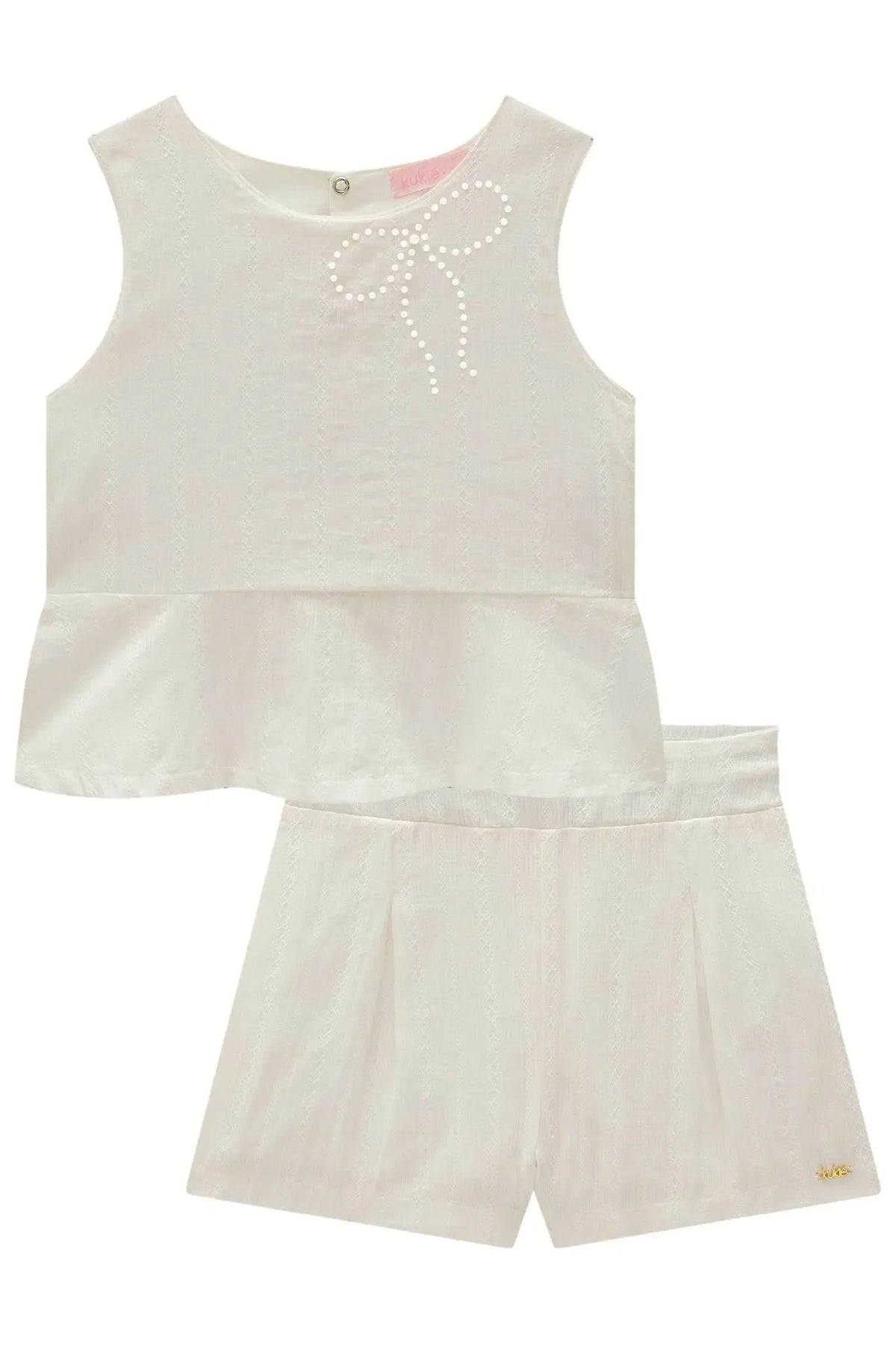 Conjunto de Bata e Shorts em Tricoline Textura Listrada 100% Algodão 99655 Kukiê Infantil Menina