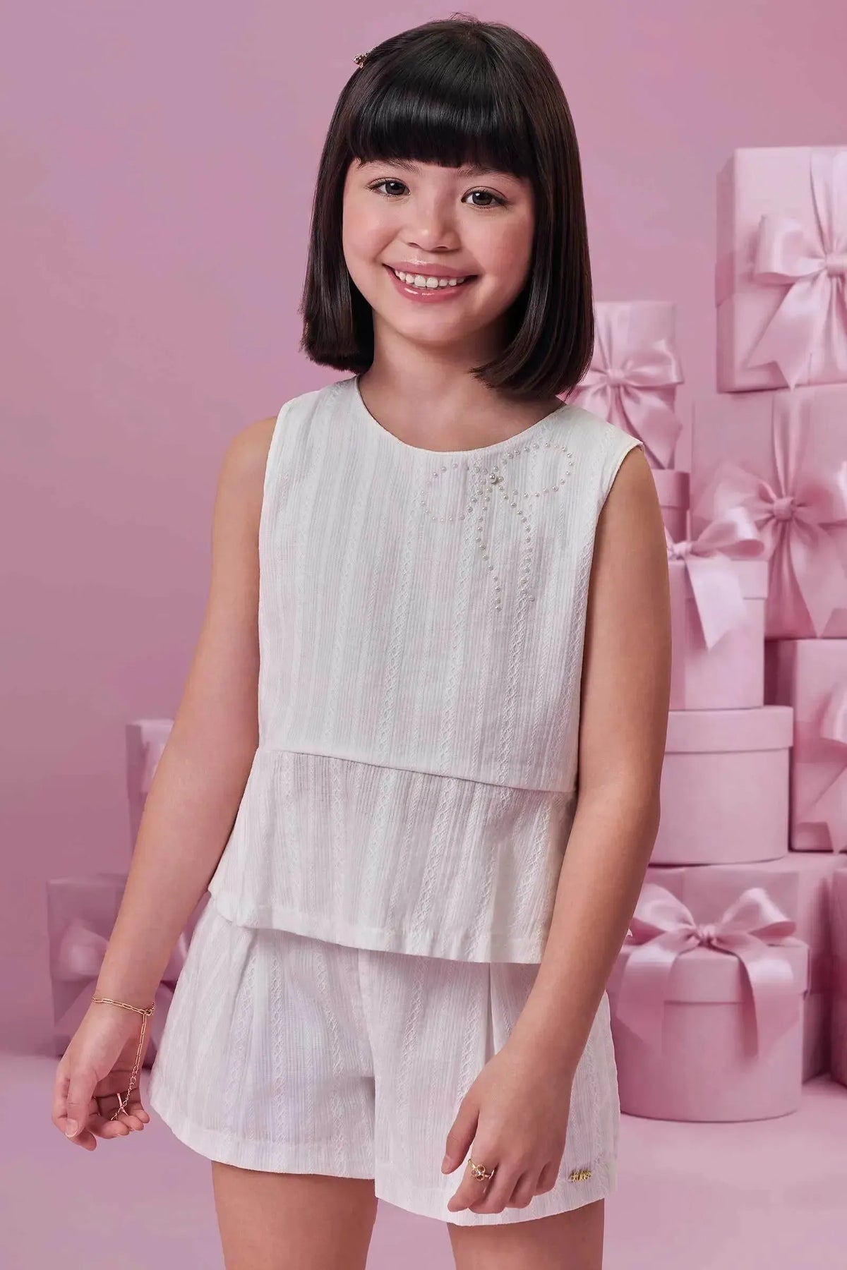 Conjunto de Bata e Shorts em Tricoline Textura Listrada 100% Algodão 99655 Kukiê Infantil Menina