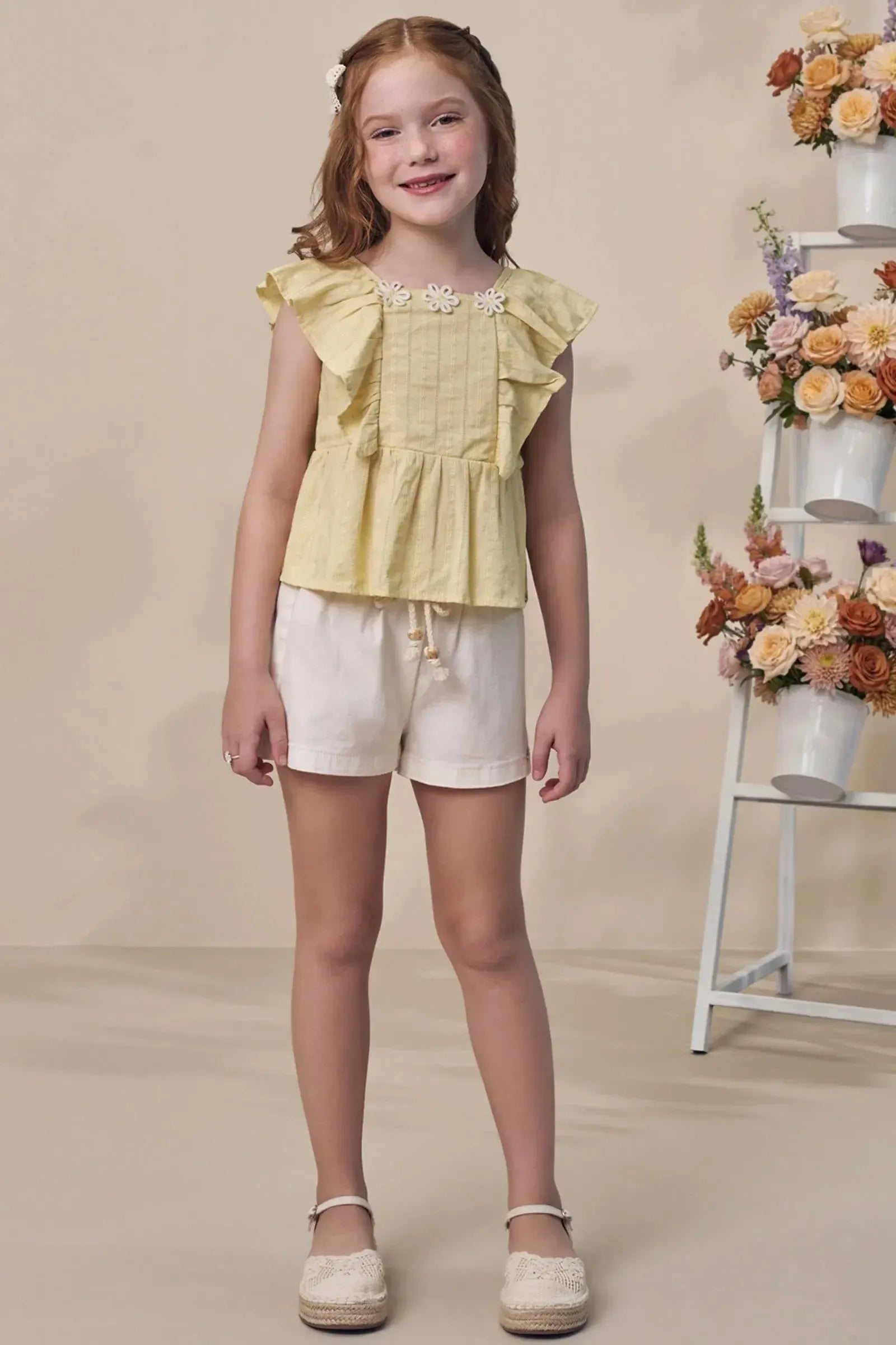 Conjunto de Bata em Blend de Linho Bordado com Shorts em Sarja com Elastano 98107 Infanti Infantil Menina