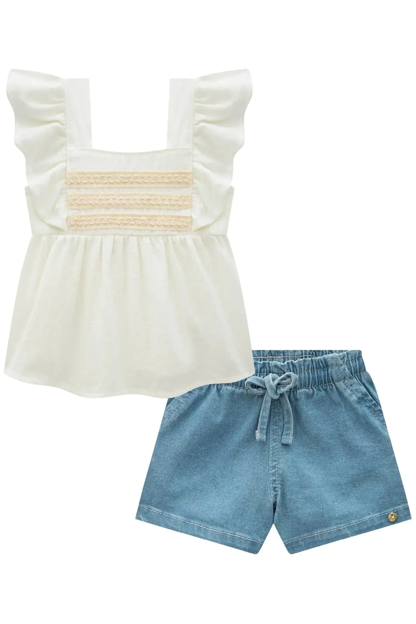 Conjunto de Bata em Blend de Linho e Shorts em Jeans com Elastano 87021 Infanti Bebê Menina