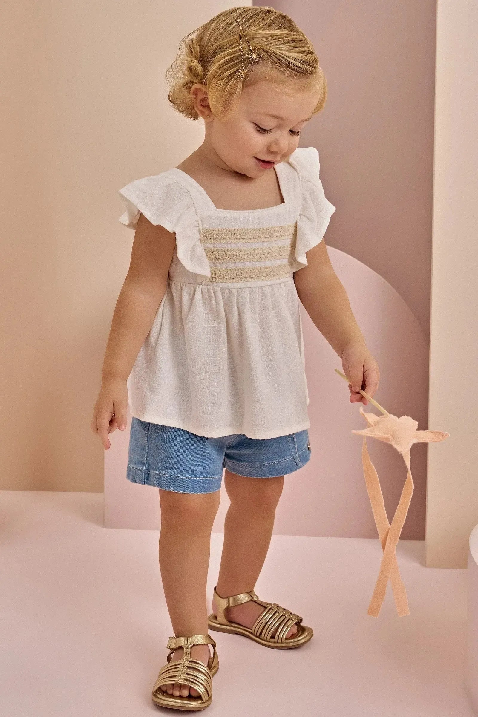Conjunto de Bata em Blend de Linho e Shorts em Jeans com Elastano 87021 Infanti Bebê Menina